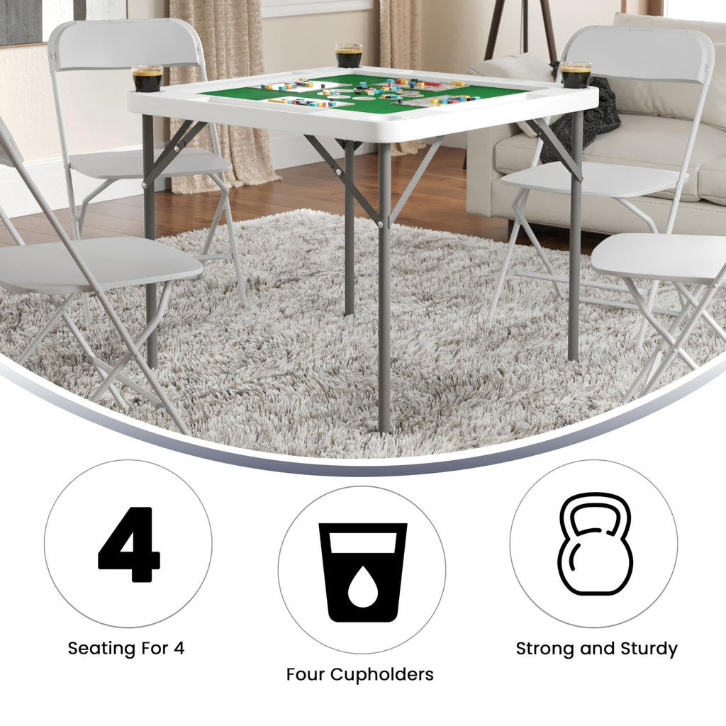 Flash Furniture Silas 34.5" Square Folding Card Table with Felt Green Surface and Cup Holders, Portable Folding Game Table for 4 Players, White/Green