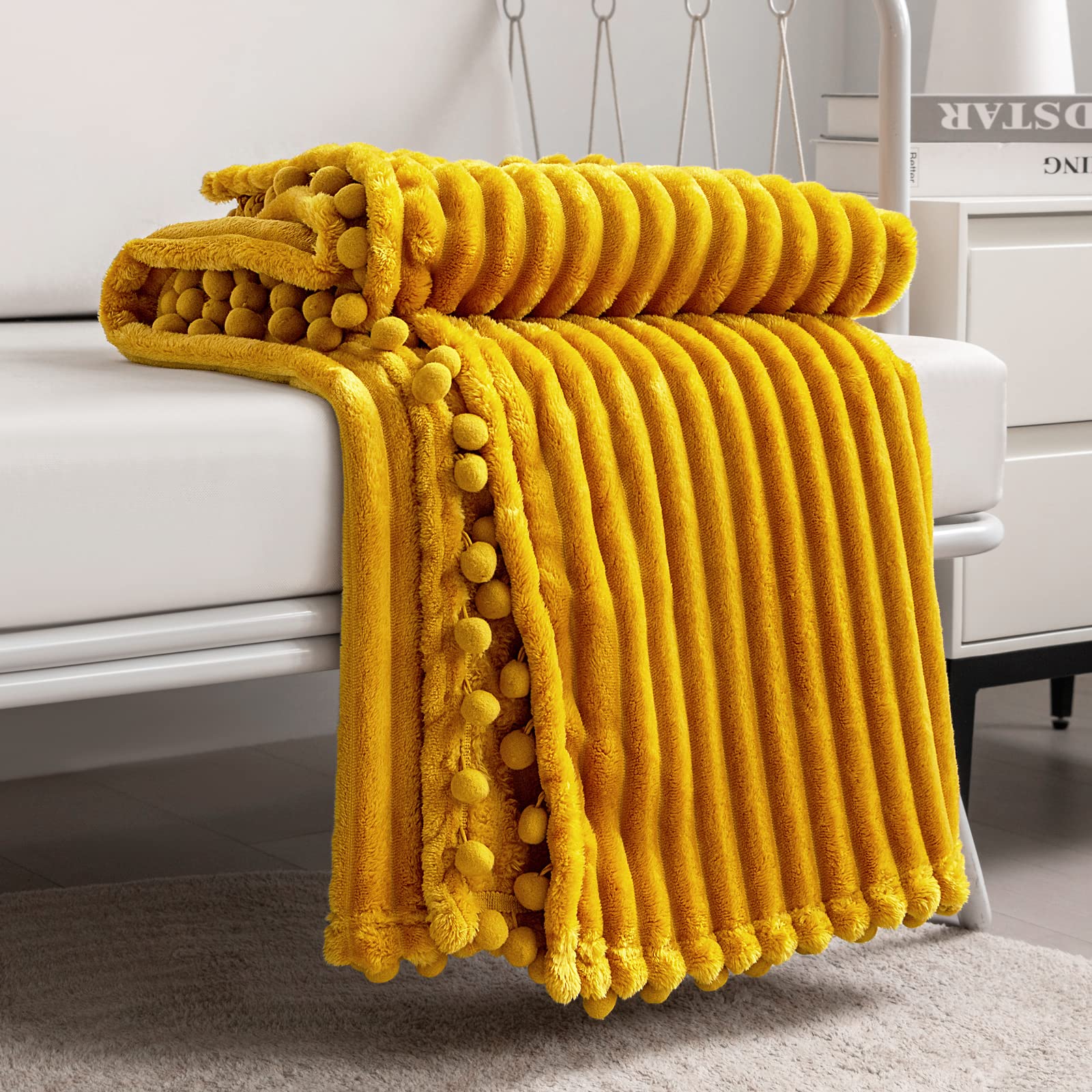 Dissa Fleece Blanket Throw Size - 51X63, Yellow Soft, Plush, Fluffy, Fuzzy, Warm, Cozy Perfect For Couch, Bed, Sofa - With Pompo