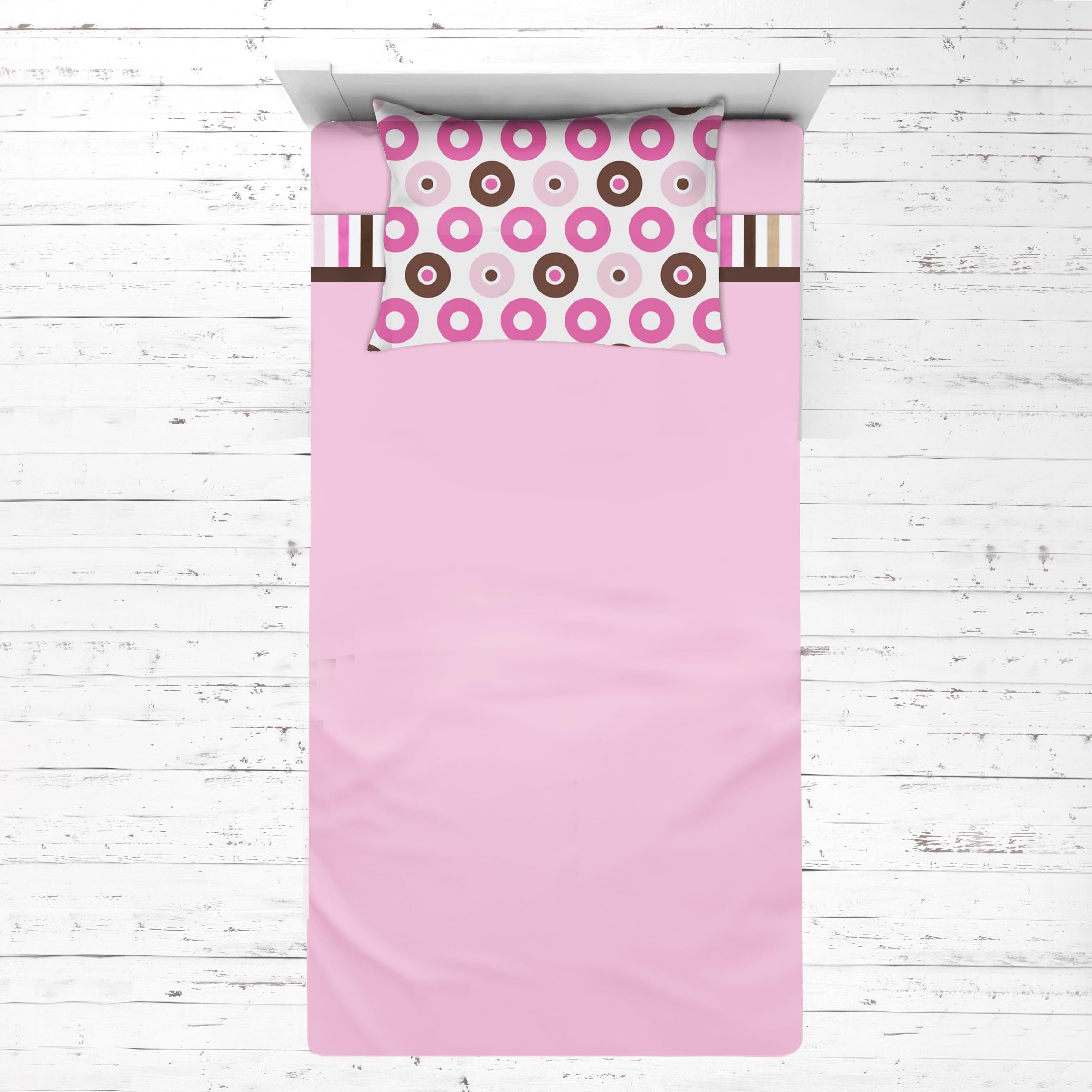 Bacati - Mod Dots/Stripes Pink/Chocolate 3 pc Toddler Bed Sheet Set 100 Percent Cotton Includes Fitted Sheet, Top Sheet, and Pil