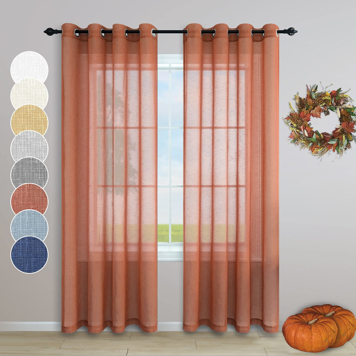 Pitalk Terracotta Semi Sheer Curtains 90 Inches Long for Living Room 2 Panels Set Rod Pocket Window Decor Faux Linen Textured Drapes Rust Colored Curtains for Bedroom 52x90 in Length Burnt Orange