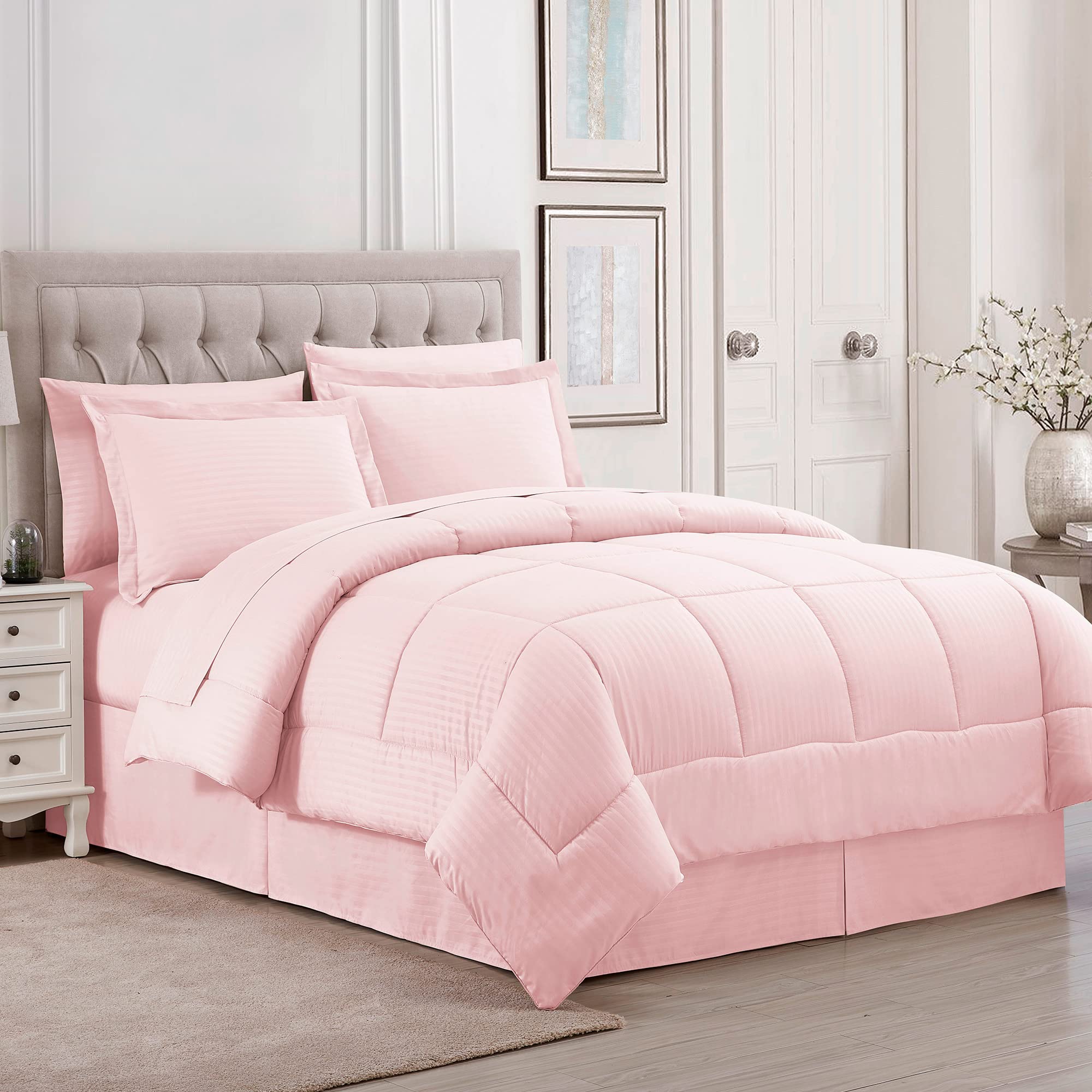King Size Comforter Set 8 Piece Bed In A Bag With Bed Skirt, Fitted Sheet, Flat Sheet, 2 Pillowcases, 2 Pillow Shams, King, Dobby Pale Pink