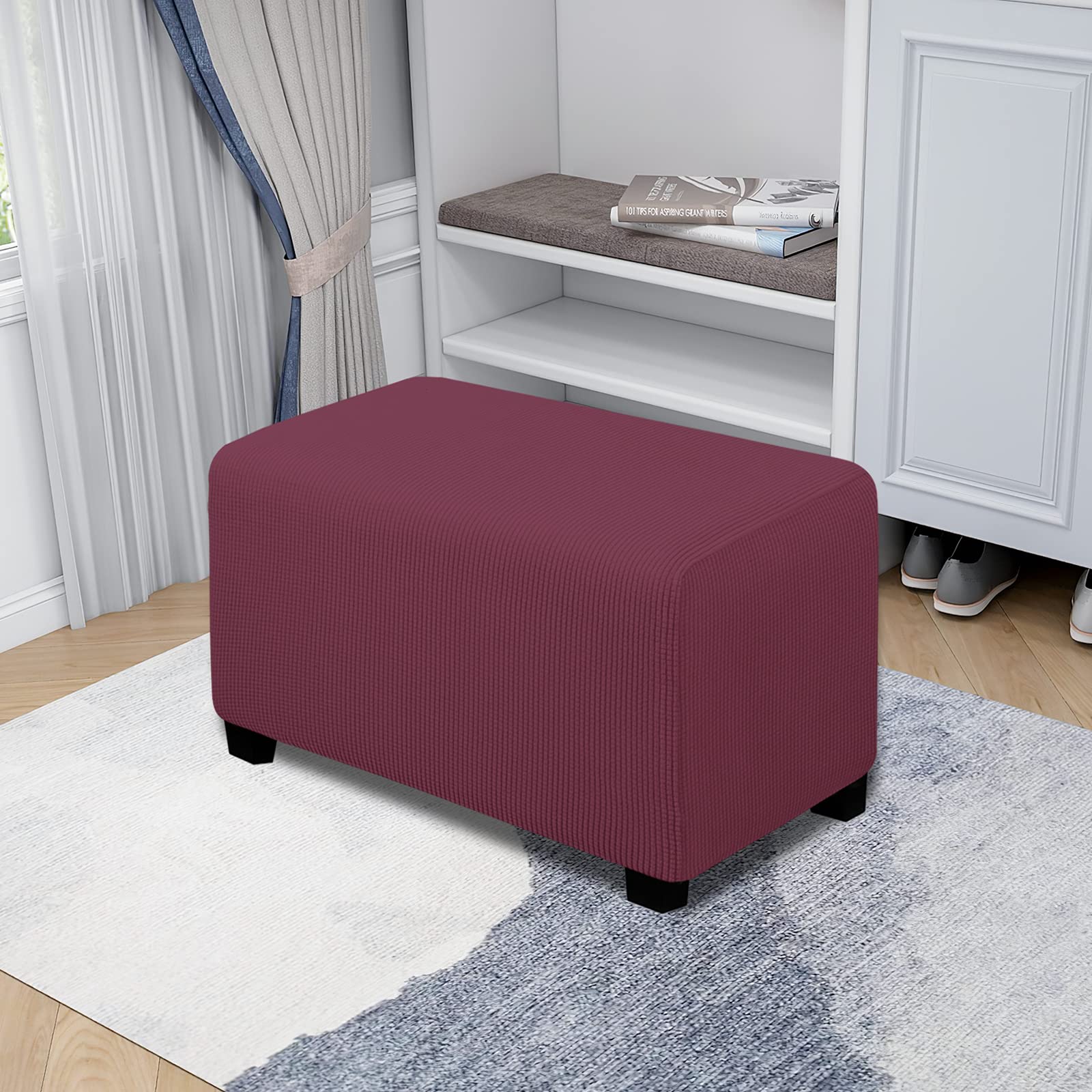 Easy-Going Stretch Ottoman Cover Folding Storage Stool Furniture Protector Soft Rectangle Slipcover With Elastic Bottom (Ottoman Small, Bluestone)