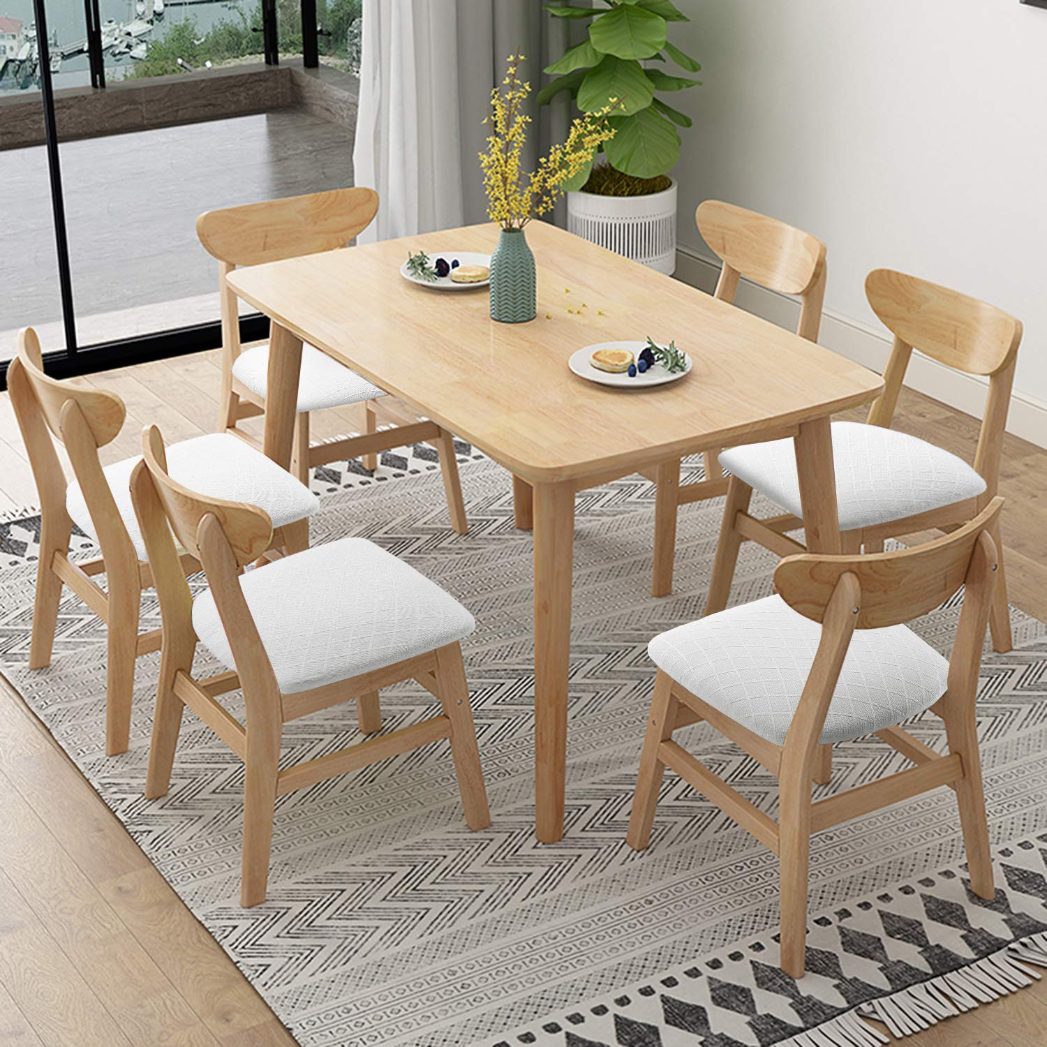 Fuloon Stretch Jacquard Chair Seat Covers Set Of 4, Removable Washable Dining Chair Covers Anti-Dust Dining Room Chair Covers Seat Cushion Slipcovers (4, White)