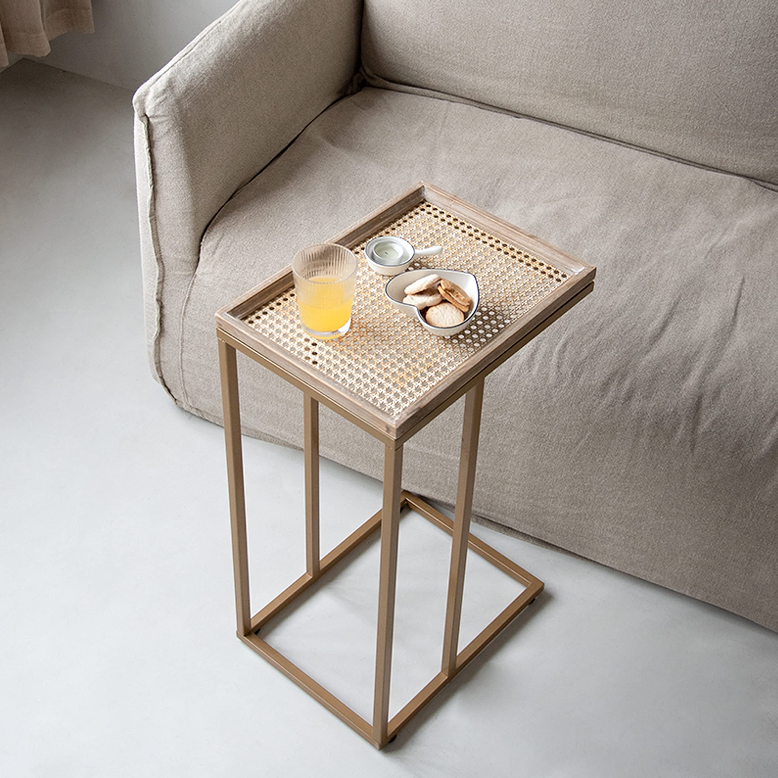 Cozayh Farmhouse C Table Couch End Table, Metal Distressed Woven Pattern Tray Top Snack Side Table, Gold