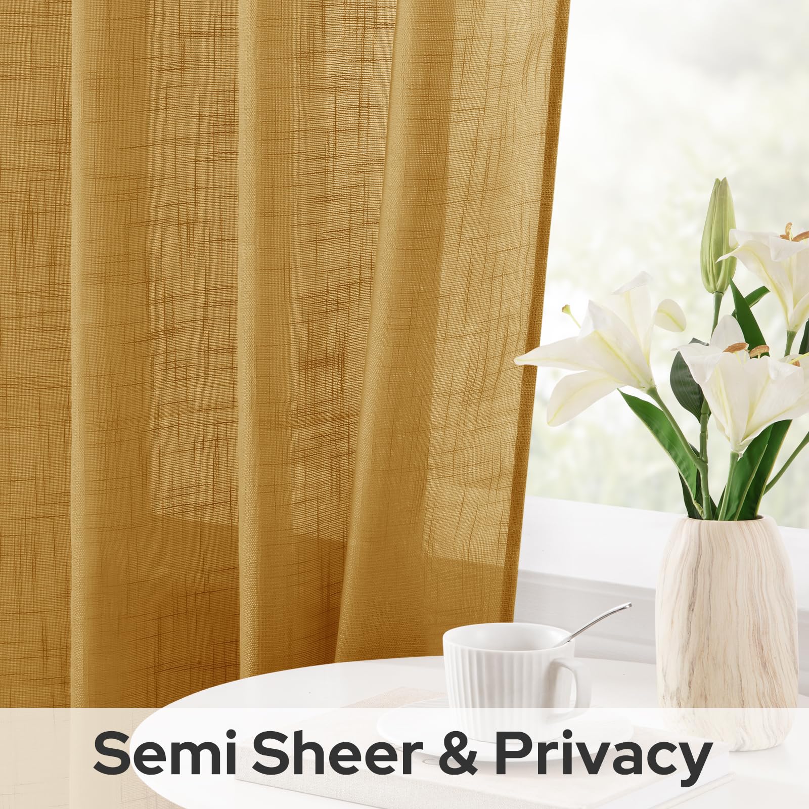 Homeideas Yellow Linen Sheer Curtains 108 Inches Long 2 Panels Textured Semi Sheer Curtains Farmhouse Curtains Sheer Privacy Win