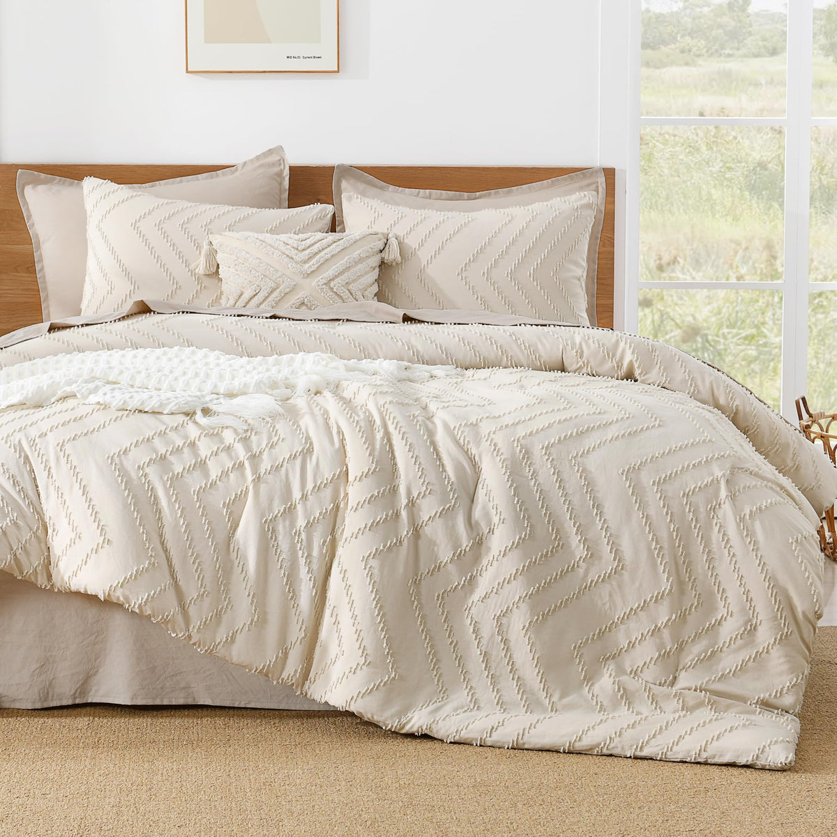 Litanika Beige Comforter Set Twin/Twin Xl Size, 2 Pieces Boho Chevron Tufted Bedding Comforter Set, All Season Bed Set (66X90In