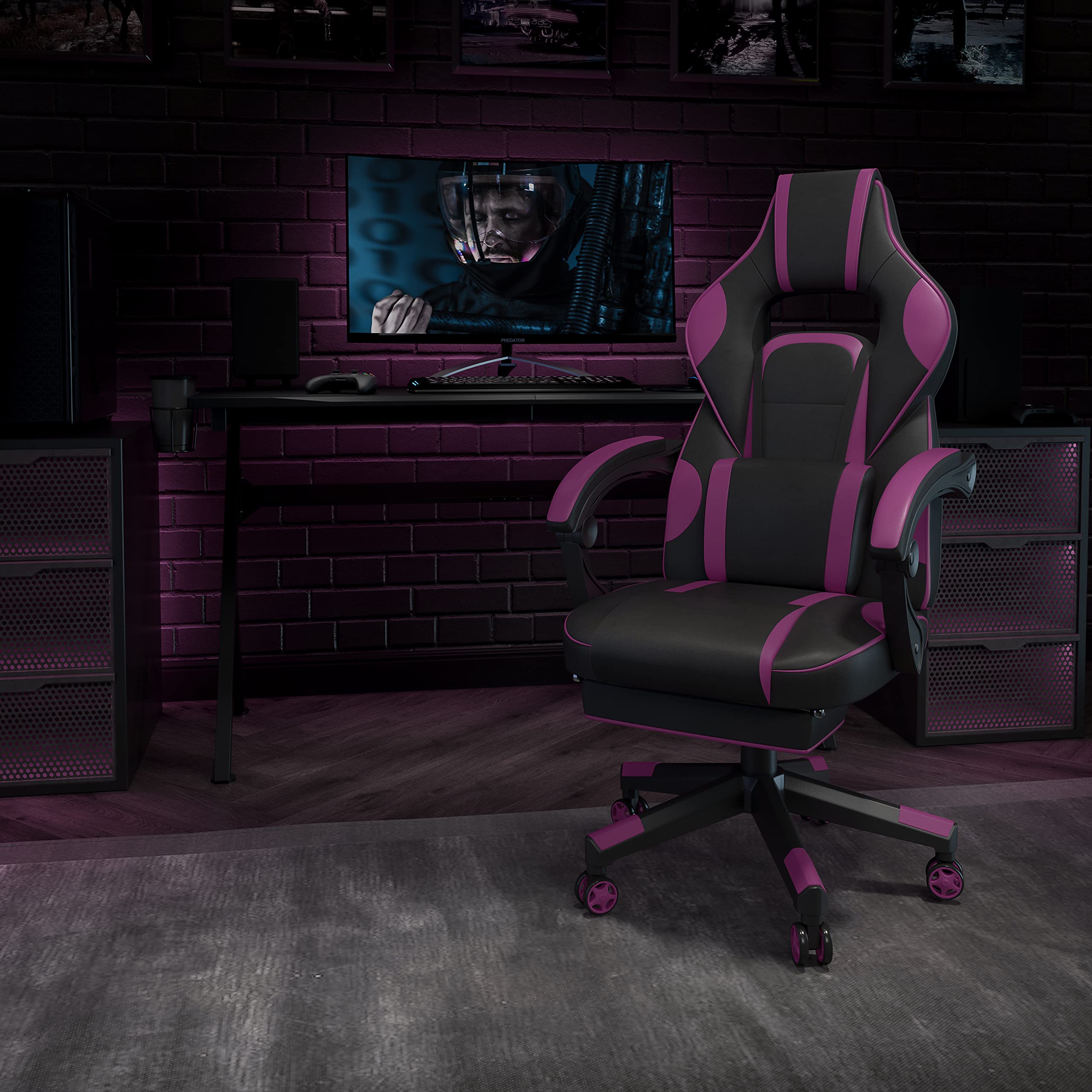 Flash Furniture X40 Gaming Chair Racing Ergonomic Computer Chair with Fully Reclining Back/Arms, Slide-Out Footrest, Massaging Lumbar - Black/Purple