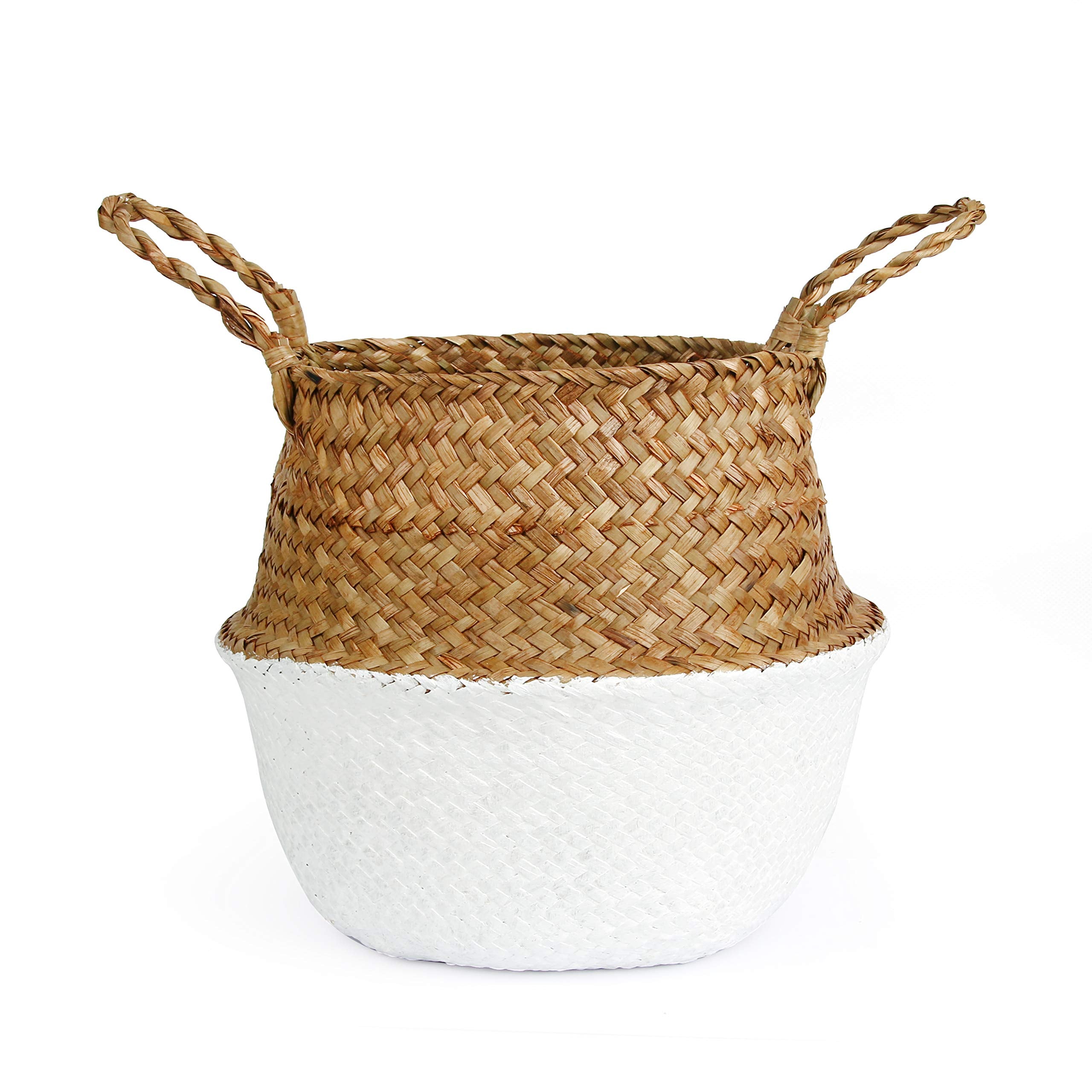 Bluemake Woven Seagrass Belly Basket For Storage, Laundry, Picnic, Plant Pot Cover, And Grocery And Toy Storage (Medium, White)