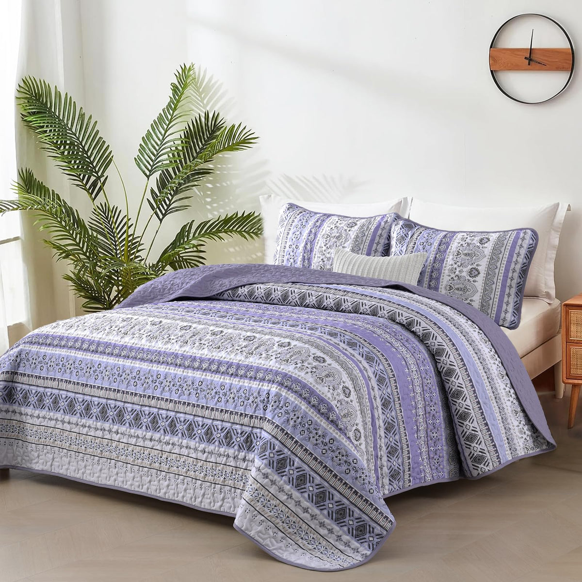 Goodidea Lilac Boho Quilt Set Queen Size, 3 Piece Light Purple Bohemian Striped Bedspread Coverlet Set With 2 Pillow Cases Light