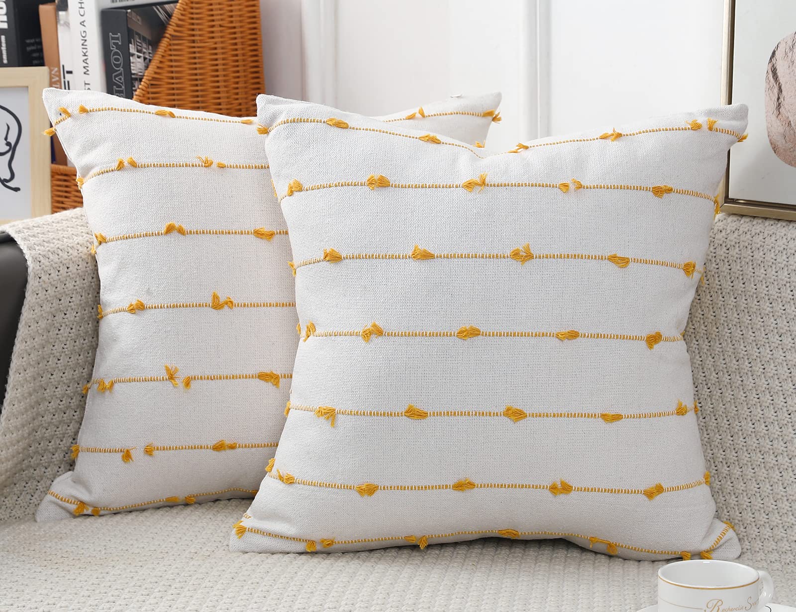 NUYECY Set of 2 Boho Throw Pillow Covers 30x30,Beige Yellow Neutral Couch Pillow Case with Tassel Fringe Decorative,Modern Accen