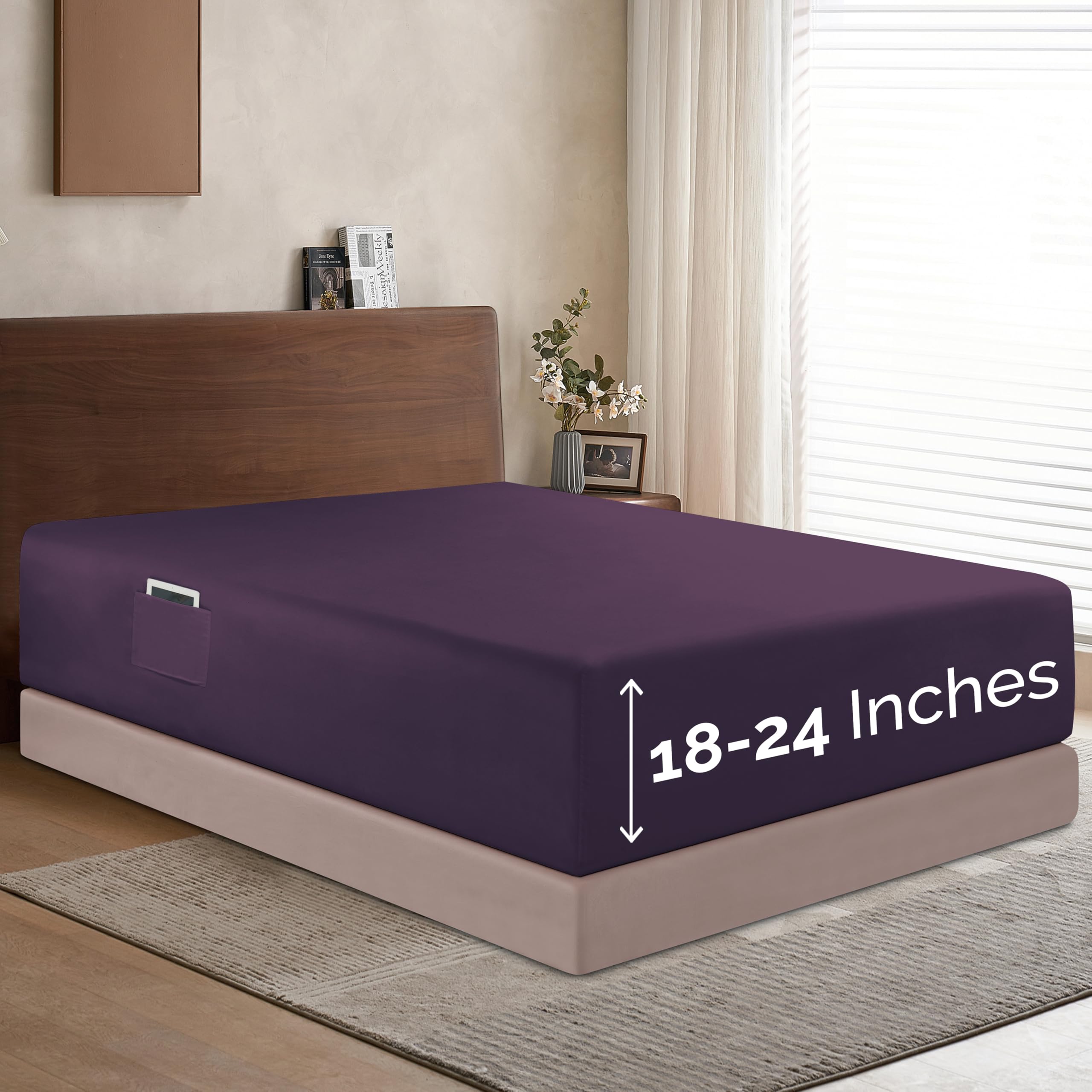 Elegant Comfort 1500 Premium Hotel Quality 18-24 Inches Deep - Extra Deep Pocket Single Fitted Sheet For High Mattress, Luxury And Softest, Smart Pocket - Wrinkle Free, Queen, Purple