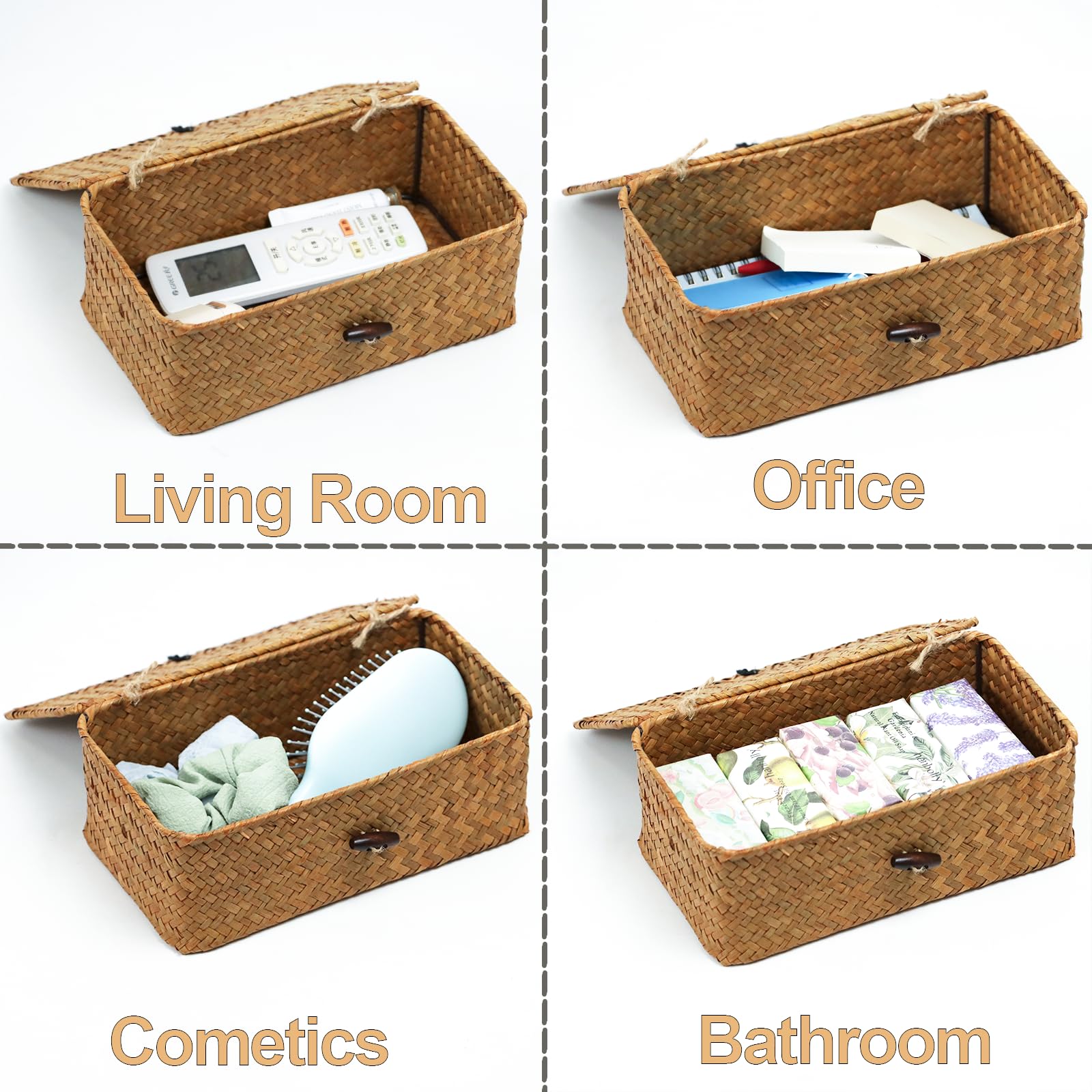 Set Of 2 Wicker Basket With Lid, Seagrass Woven Basket For Storage, Decorative Storage Baskets Bins For Organizing Home