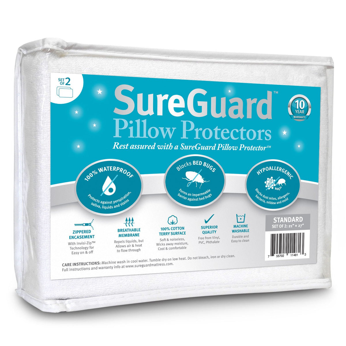 Set Of 2 Standard Size Sureguard Pillow Protectors - 100% Waterproof, Bed Bug Proof, Hypoallergenic - Premium Zippered Cotton Te