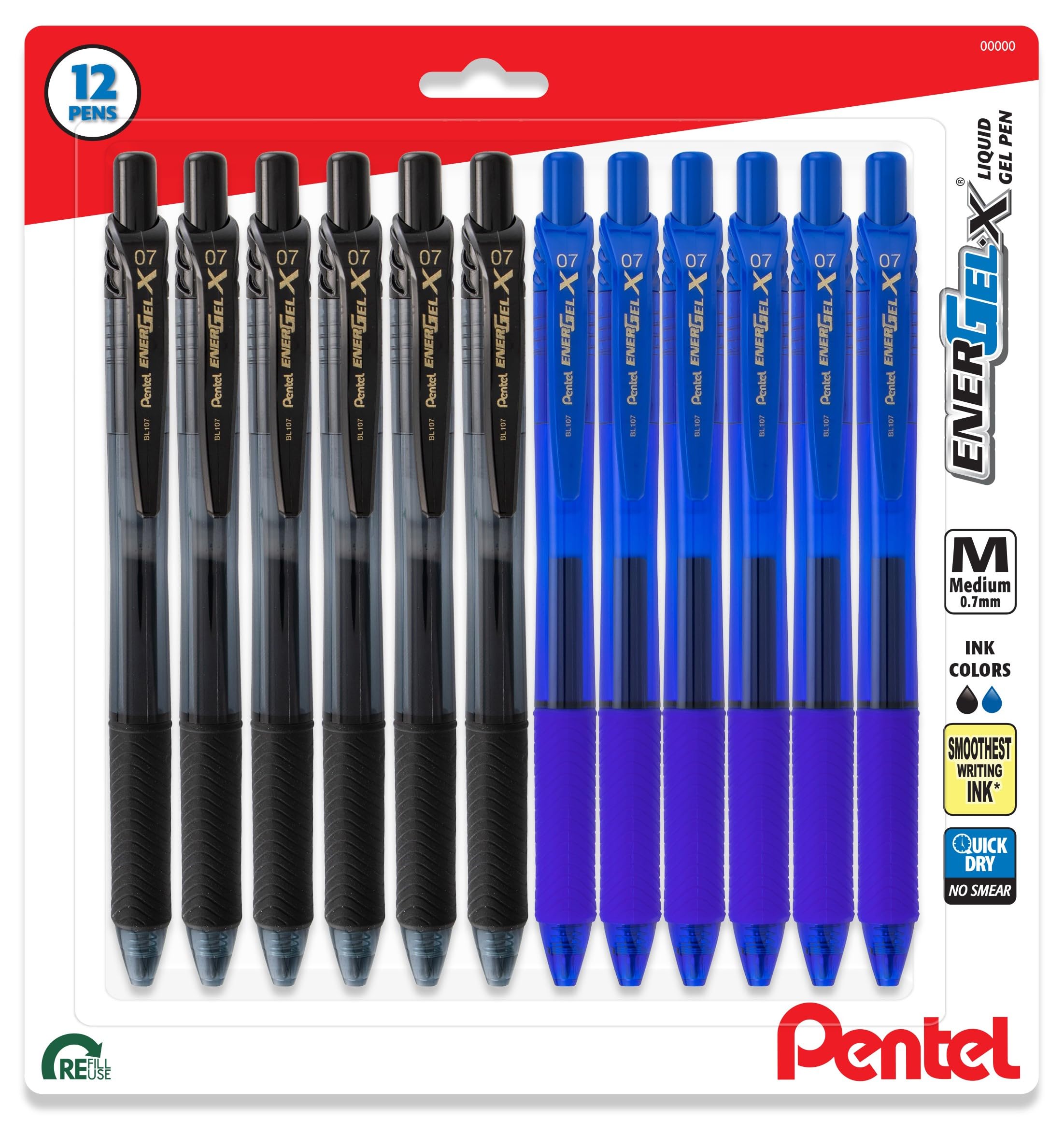 Pentel Energel X Retractable Liquid Gel Pen, 0.7Mm, Ultra Performance, 12 Pack - 6 Black Ink And 6 Blue Ink Pens