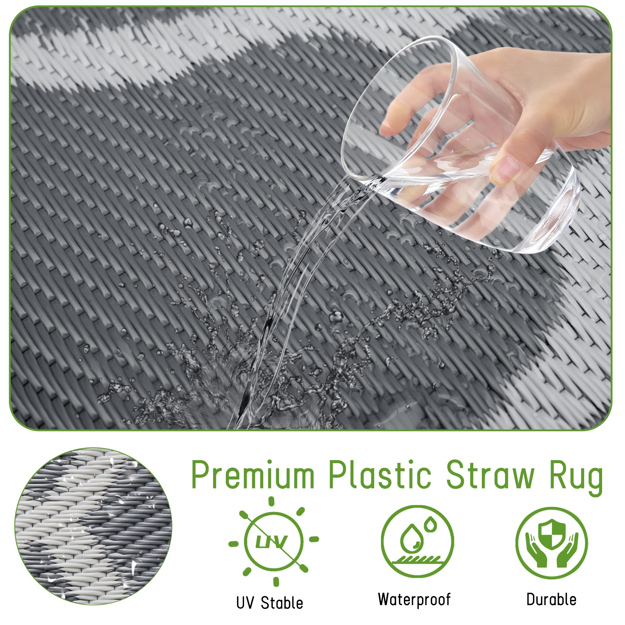 Easy-Going Reversible Outdoor Rugs 6X9Ft Waterproof Plastic Straw Rug Stain & Uv Resistant Floor Mat For Patio Porch Rv Backyard Pool Deck Picnic Beach Trailer Camping (Moroccan Grey & Light Grey)