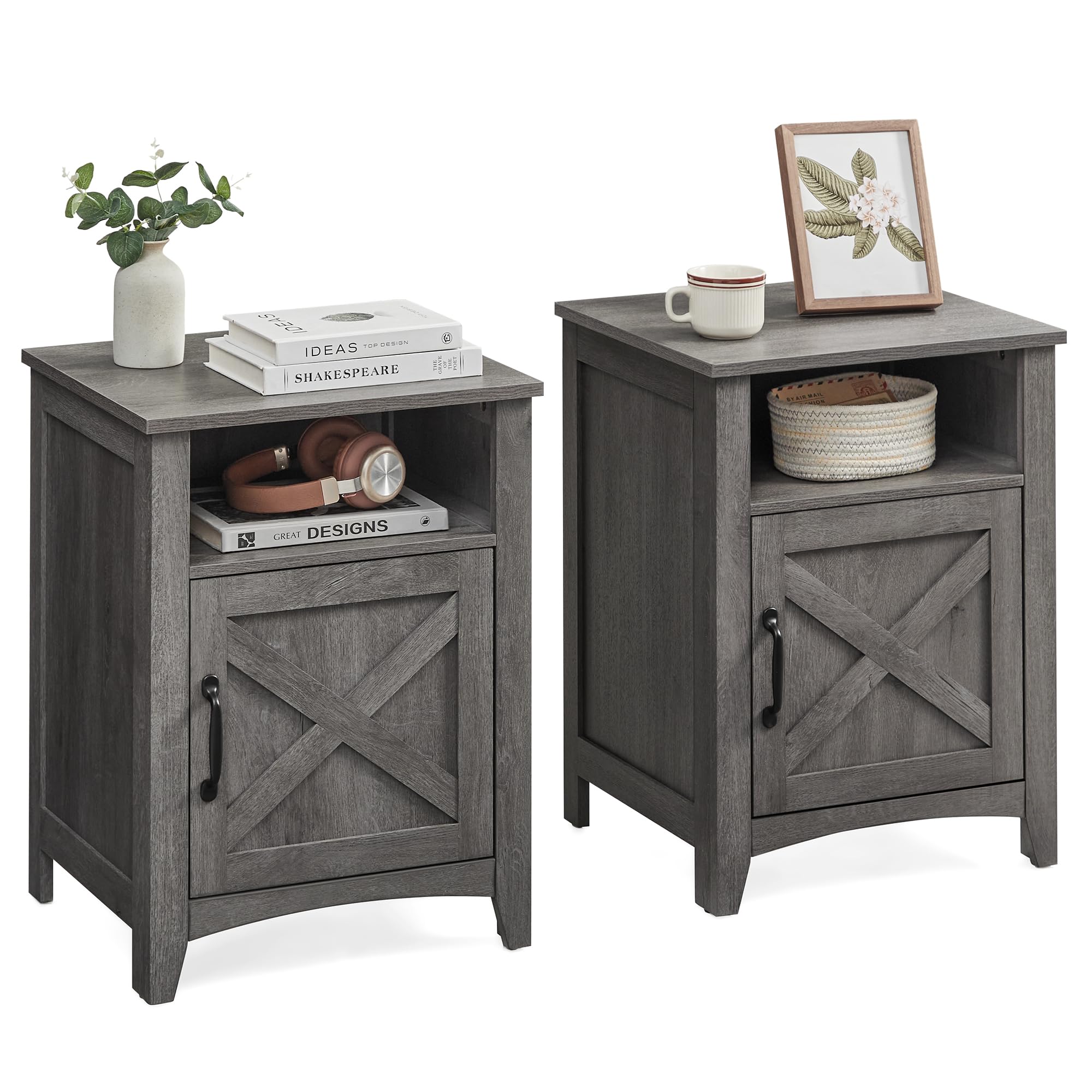 Vasagle Farmhouse Nightstand With Barn Door, Set Of 2, Bedside Table With Storage, Side End Table, Night Stand With Open Compartment, For Bedroom, Misty Gray Ulet809G68