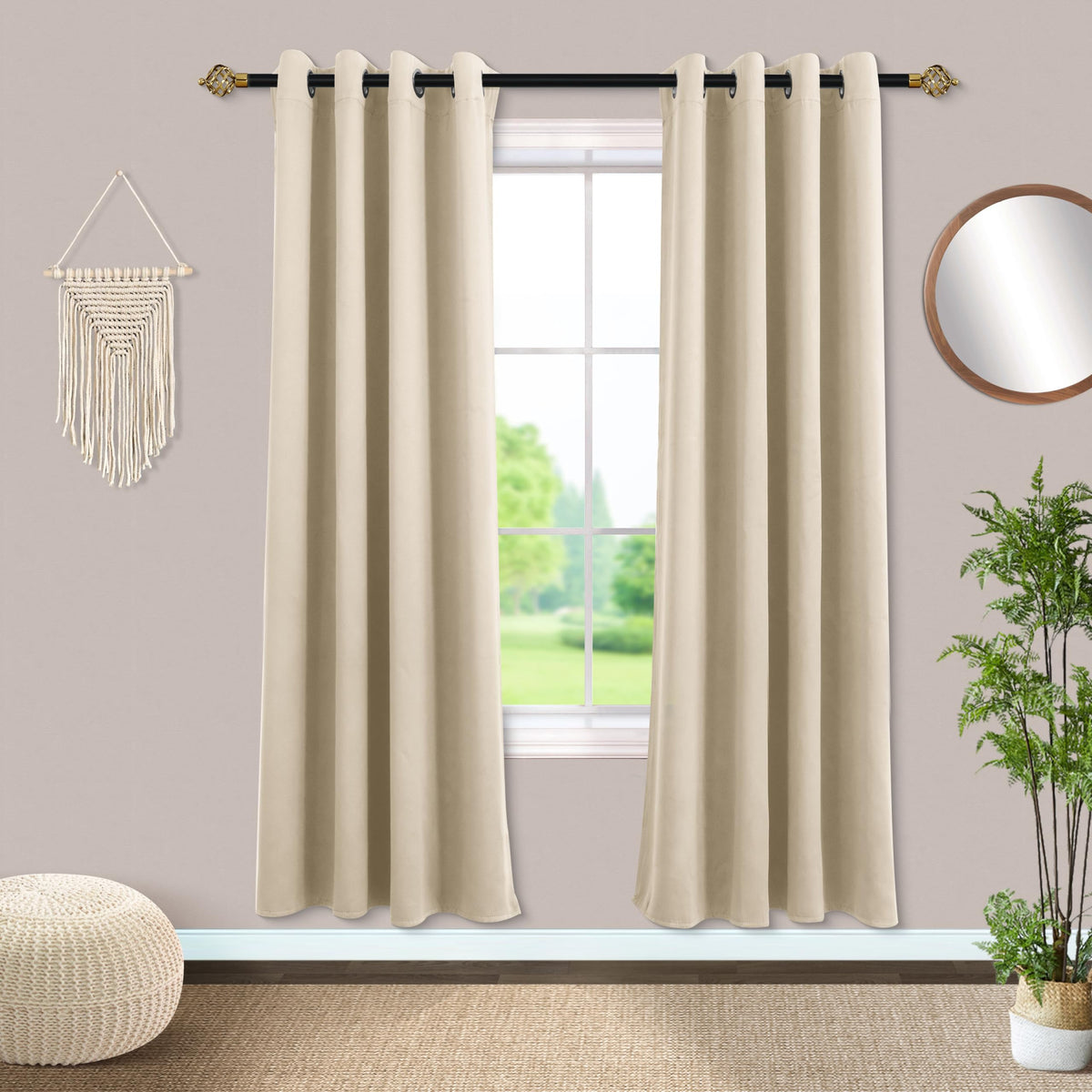 Mrs.Naturall Biscotti Beige Grommet Blackout Curtains For Bedroom 42X54 Inches Long
