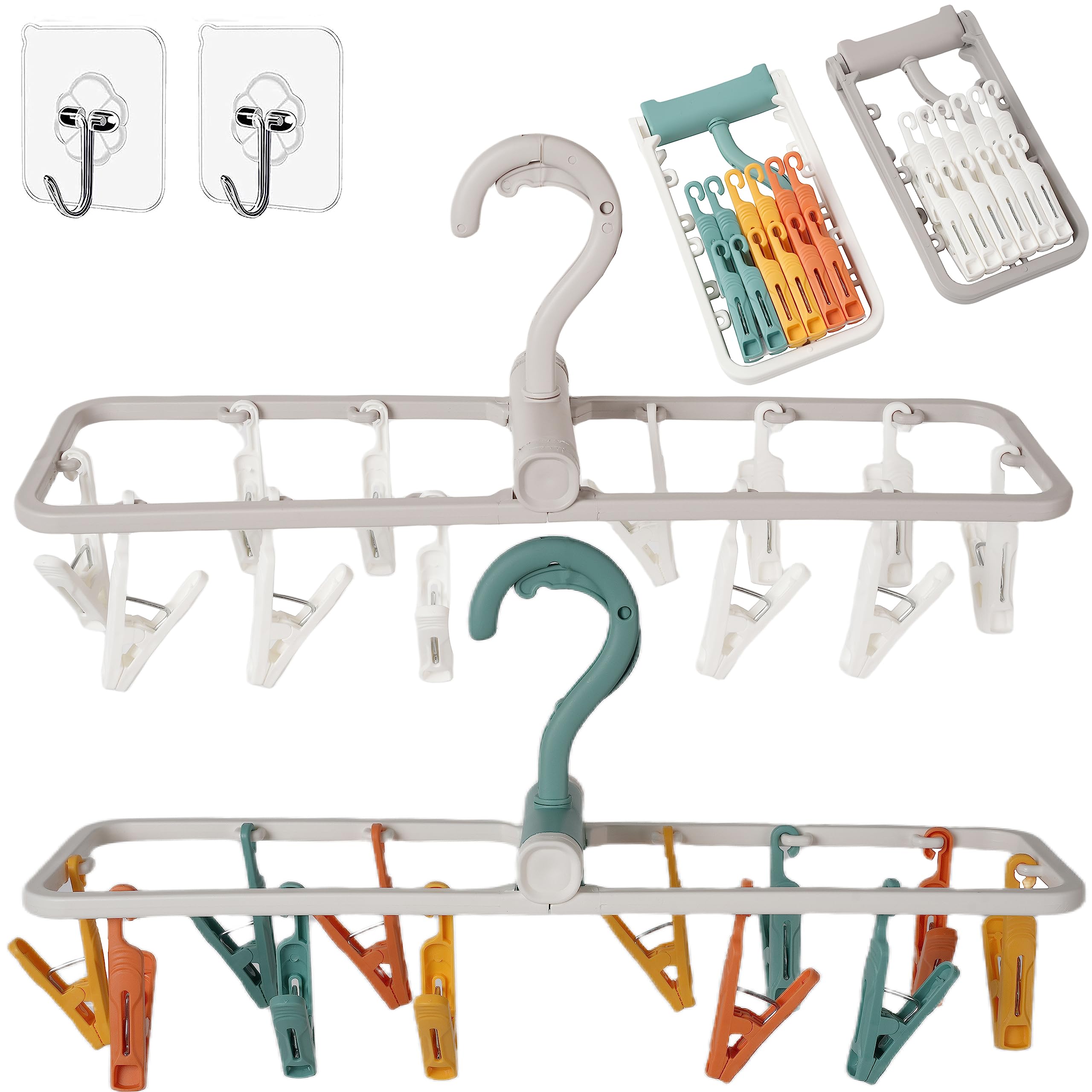 Foshine Clothes Drying Racks 2 Pack Grey Colour Small Folding Portable Underwear Hangers with Clips Socks 12 Clips 360 Rotatable