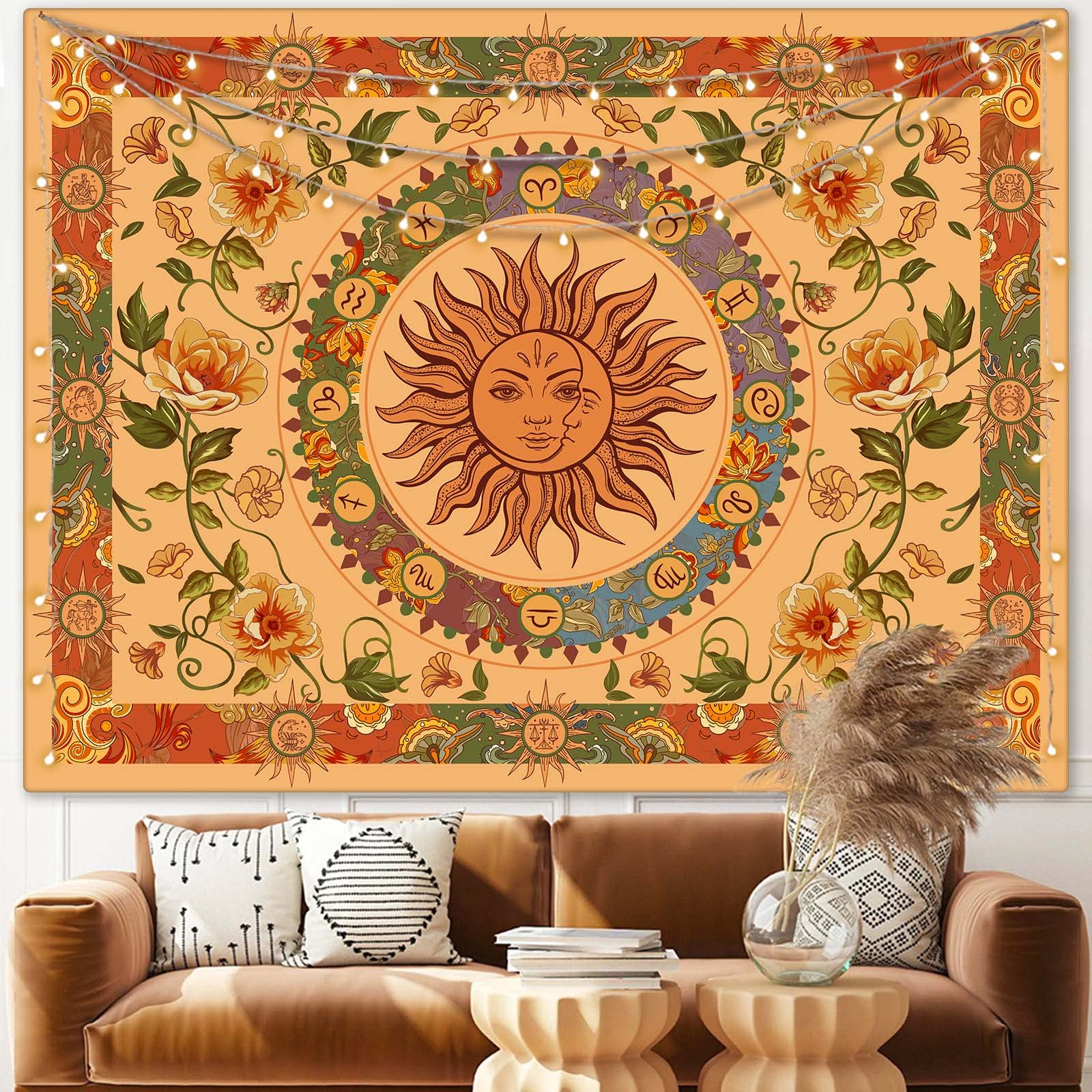 Aipon Yellow Sun And Moon Tapestry Hippie Indie Tapestries Boho Orange Flower Floral Tapestry Wall Hanging Cool Vintage Aestheti