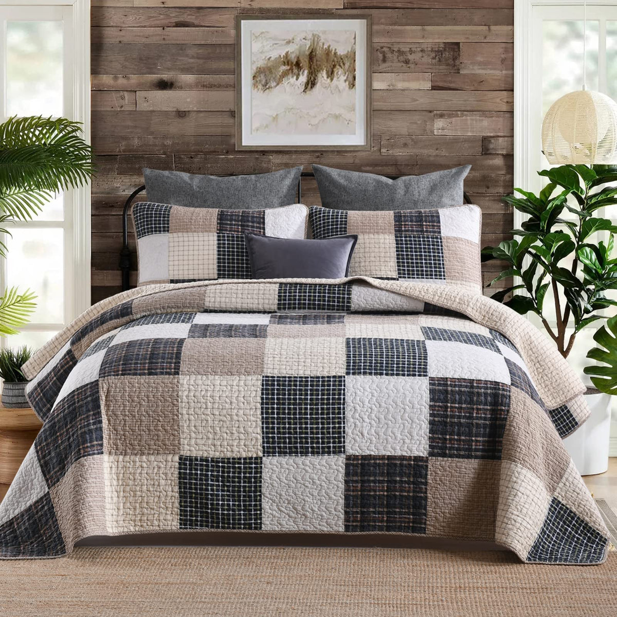 Sahsahcasa Quilt Queen Size, Queen Quilt Set, 100% Cotton Queen Quilt Bedding Set Bedspreads, Patchwork Farmhouse Quilt, Plaid L