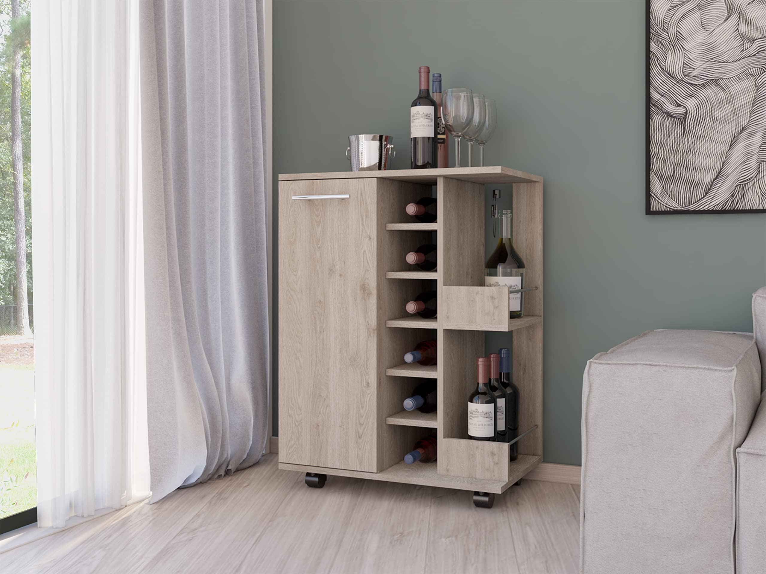 DEPOT E-SHOP Magda Bar Cart with Four Casters, Six Built-in Wine Rack, Single Door Cabinet, and Two External Shelves, 32.32&quot; H, Light Gray, Living Room