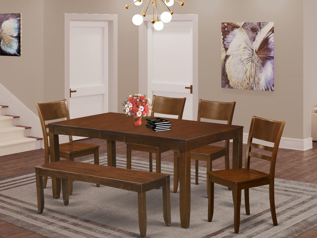 East West Furniture LYFD6-ESP-W Lynfield 6 Piece Room Set Contains a Rectangle Kitchen Table with Butterfly Leaf and 4 Dining Chairs with a Bench, 36x66 Inch