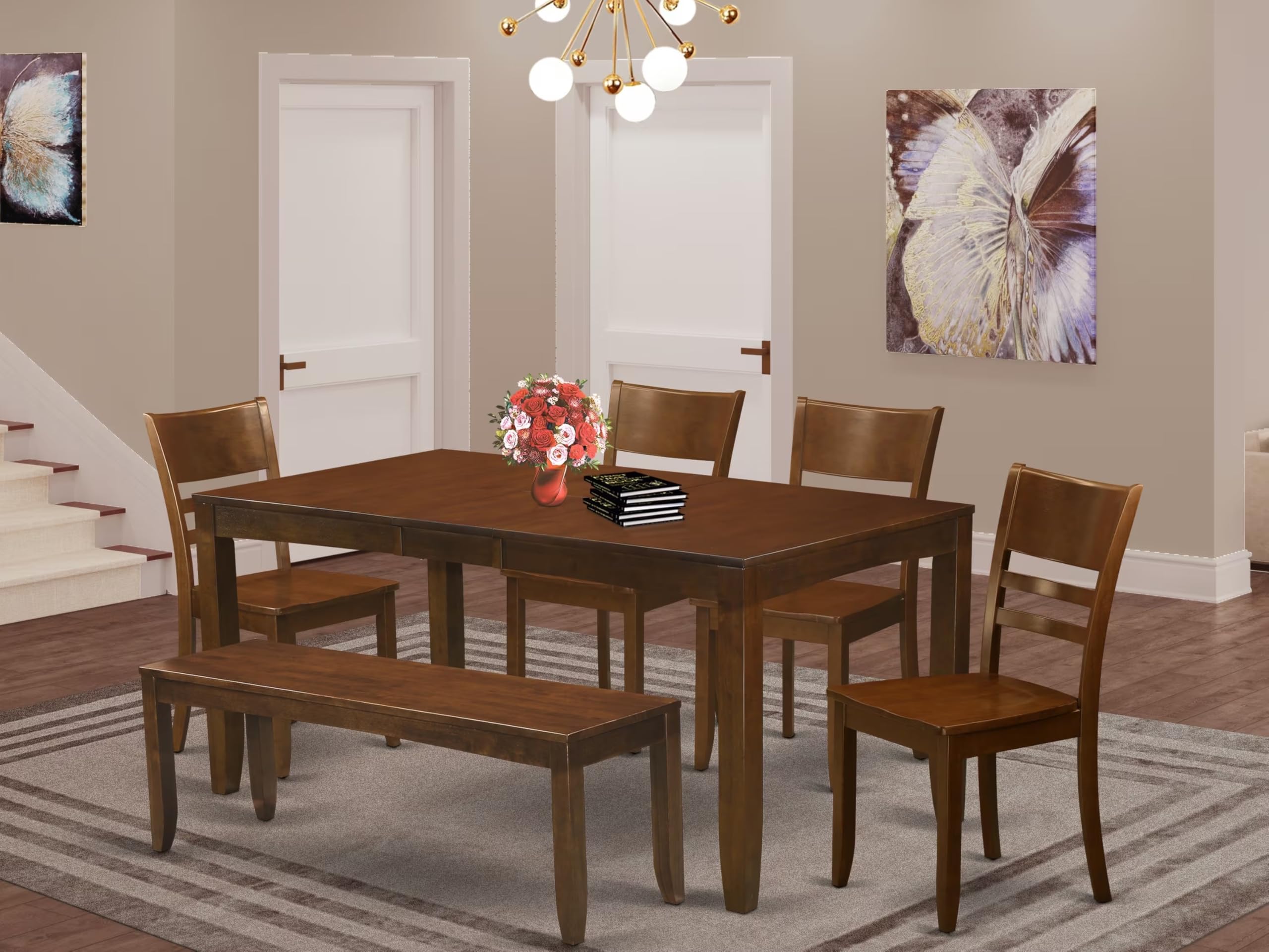 East West Furniture LYFD6-ESP-W Lynfield 6 Piece Room Set Contains a Rectangle Kitchen Table with Butterfly Leaf and 4 Dining Chairs with a Bench, 36x66 Inch