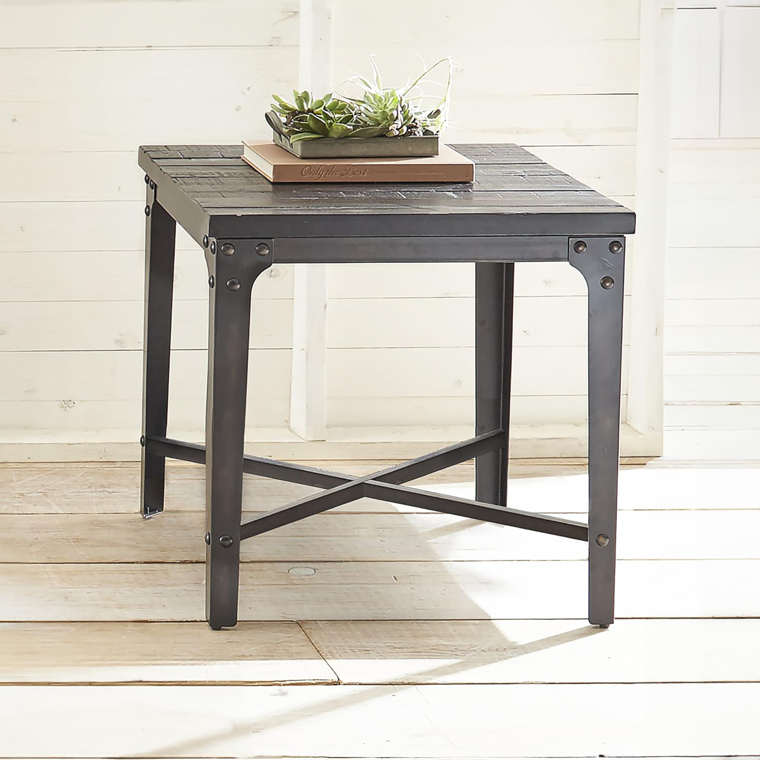 Steve Silver Sherlock Industrial Styling Square End Table, Hardwood Solids w/Iron Framed Base, Distressed Finish, Charcoal End Table, 22" L x 22" W x 24" H, Dark Brown/Charcoal