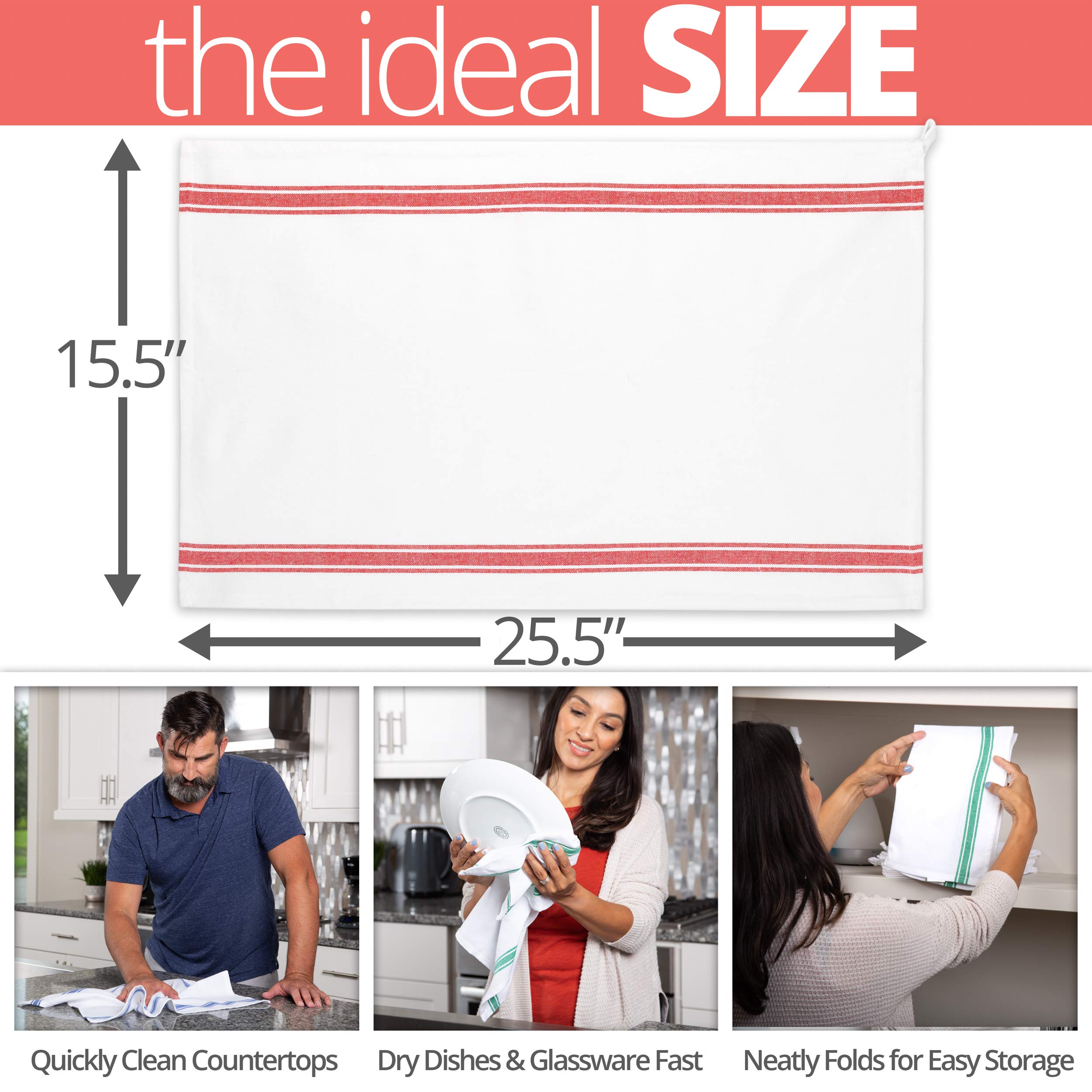 Aunti Em's Kitchen 13-Pack Dish Towels Set - Super Absorbent 100% Cotton, Zero-Lint, Red, Green & Blue Stripes, 25.5 x 15