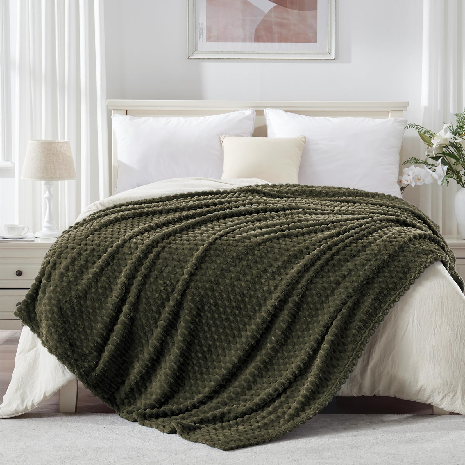 Exq Home Fleece Blanket Queen Size For Couch Or Bed - 3D Imitation Turtle Shell Jacquard Decorative Blankets - Cozy Soft Fuzzy F