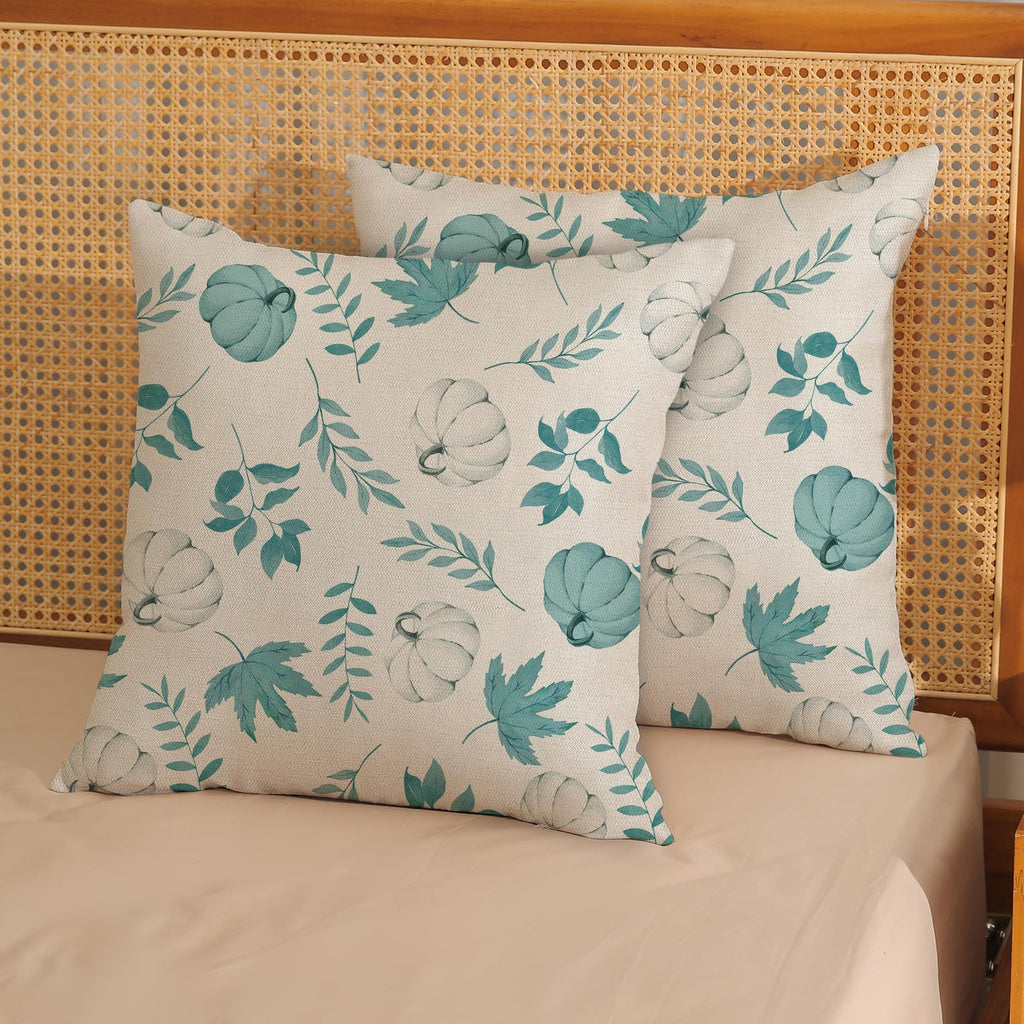 Gohdiwh Fall Pillow Covers 18X18 Set Of 2 Aqua Teal Pumpkin Maple Leaf Pillowcase Autumn Thanksgiving Decorations Outdoor Throw