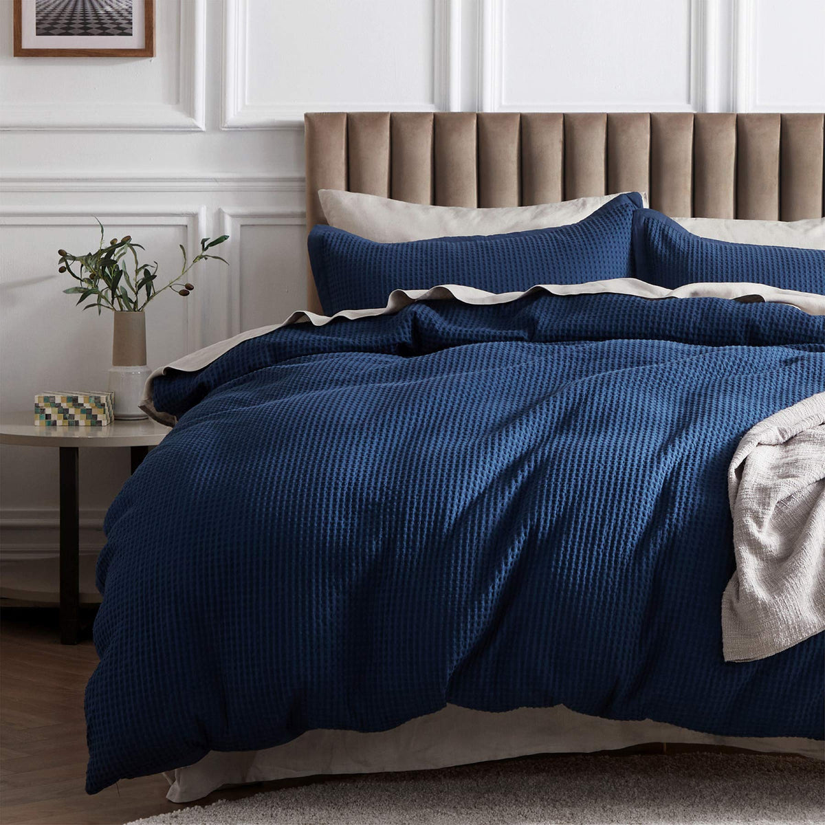 Bedsure Cotton Duvet Cover King - 100% Cotton Waffle Weave Navy Blue Duvet Cover King Size, Soft And Breathable King Duvet Cover