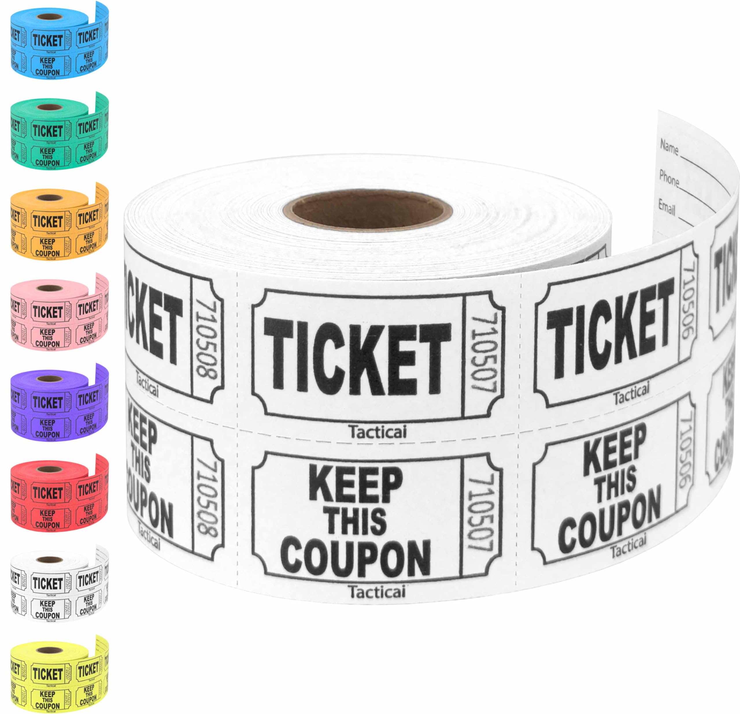 Tacticai 500 Raffle Tickets, White (8 Color Selection), Double Roll, Ticket For Events, Entry, Class Reward, Fundraiser & Prizes