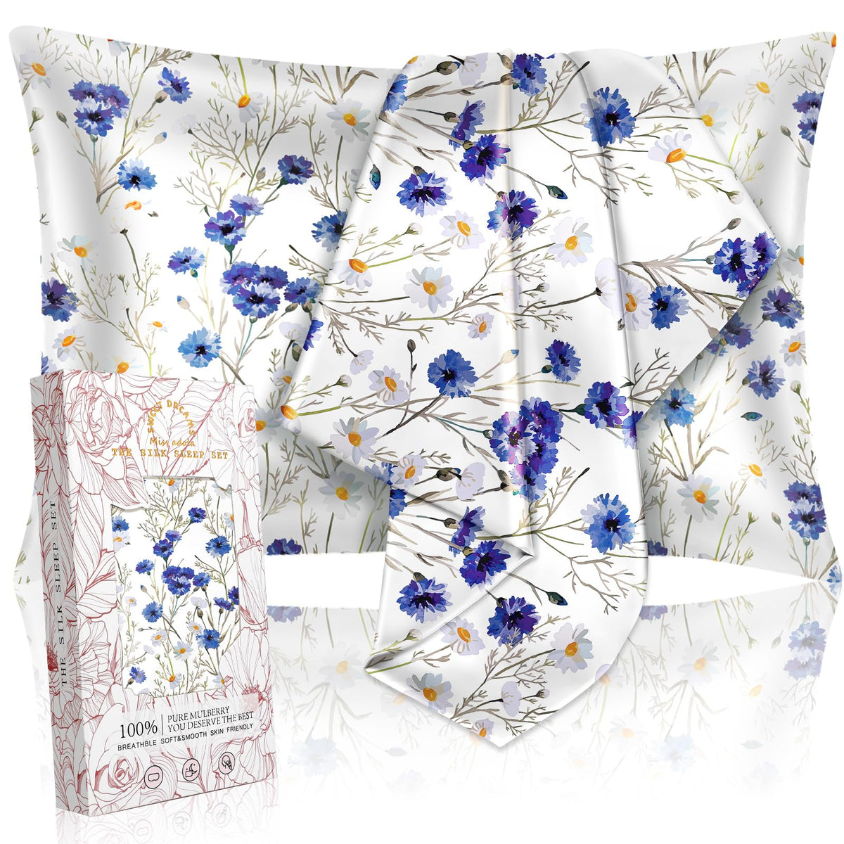 Miss Adola 2 Pack Mulberry Silk Pillow Case For Hair And Skin 19 Momme Standard 26'X20' Blue Daisy Silk Pillowcase Soft Smooth