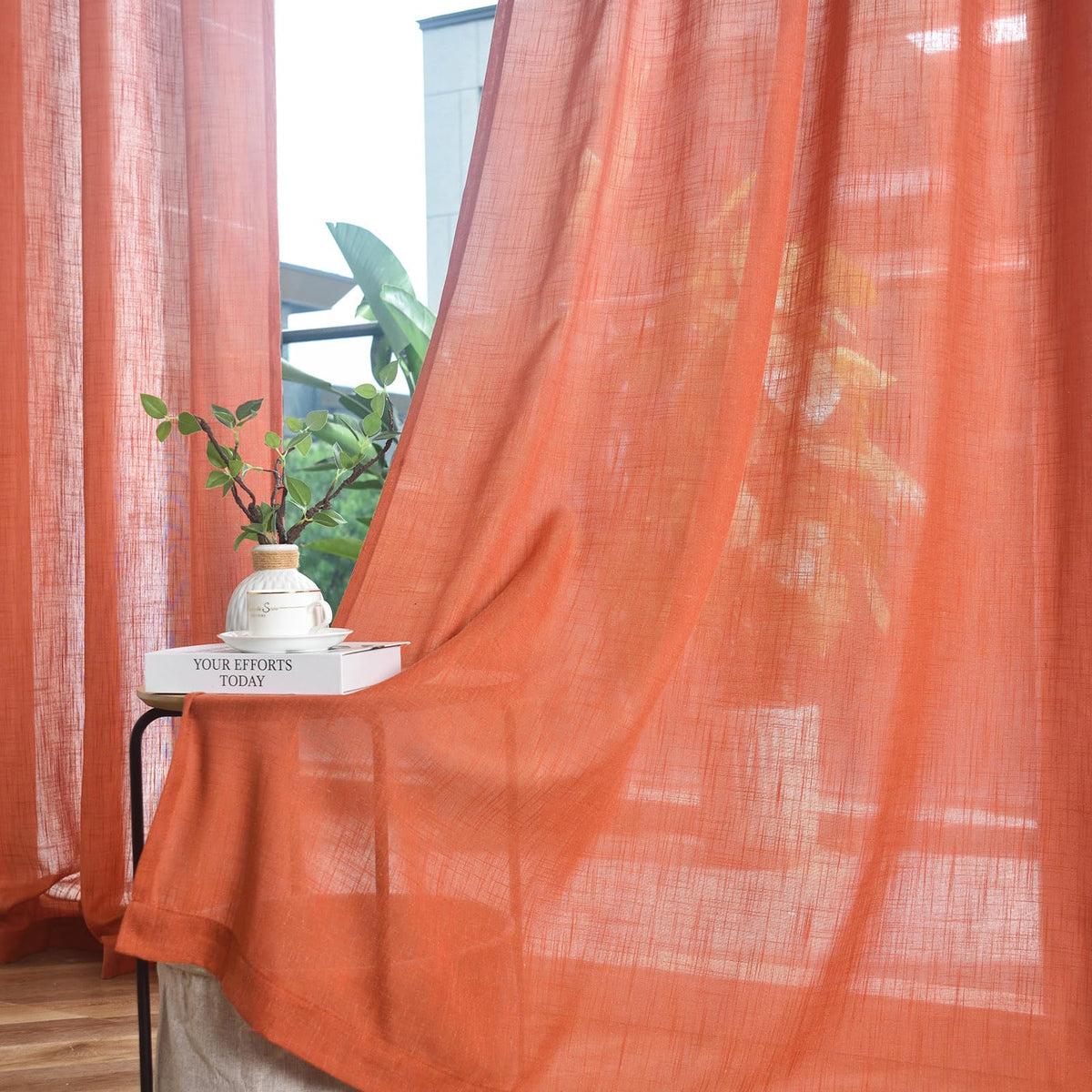 FINECITY Burnt Orange Curtains 84 Inches Long for Living Room, 2 Panels Back Tab Rust Linen Semi Sheer Curtains 7 FT, Rustic Privacy Light Filtering Autumn Fall Curtain & Drapes, 42 x 84 Inch, Orange