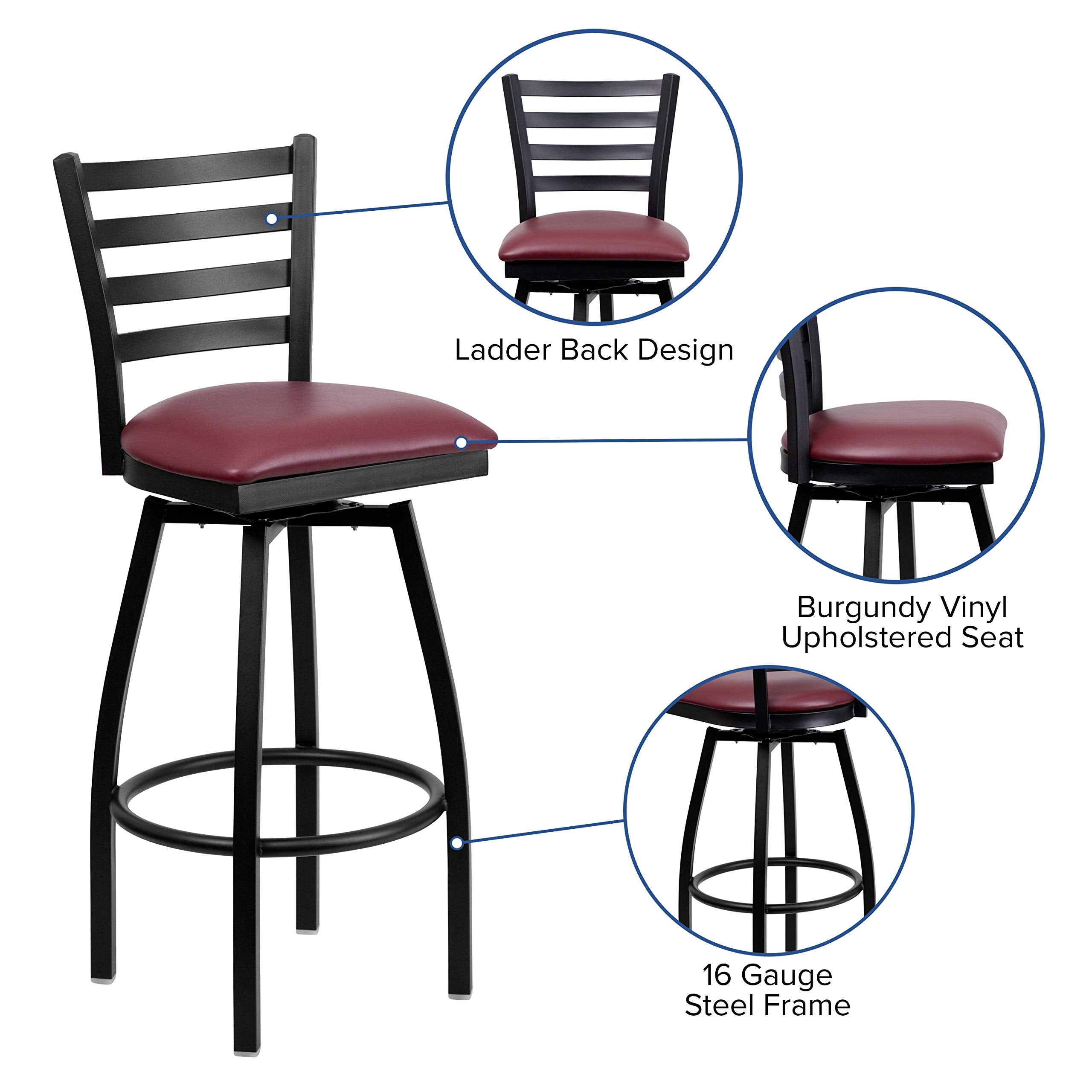Flash Furniture HERCULES Series Black Ladder Back Swivel Metal Barstool - Burgundy Vinyl Seat