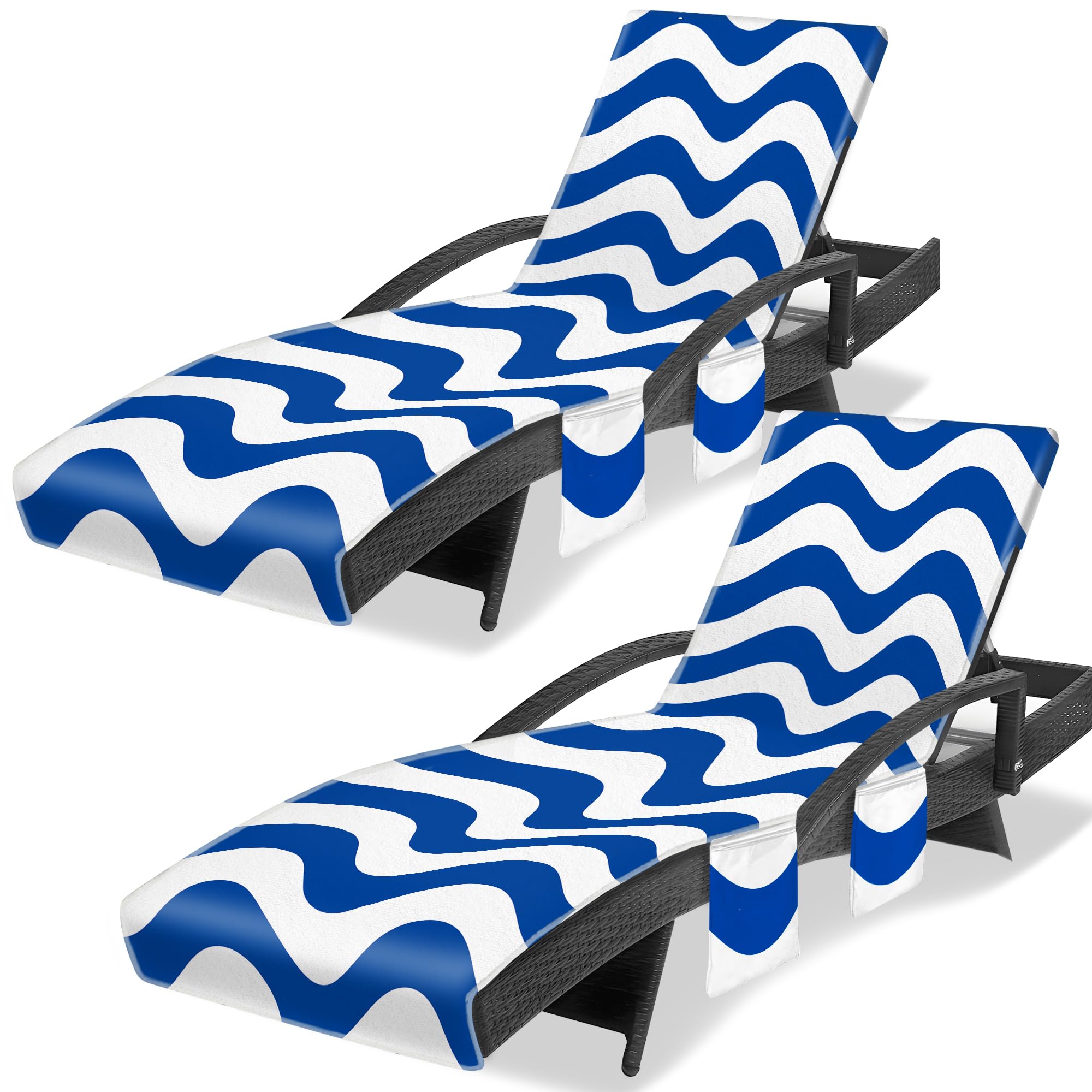Ruikyhom Lounge Chair Towel Cover, Wavy Striped Chaise Lounge Cover (Pack Of 2), Beach Chair Covers With 3 Pockets For Pool Sunb