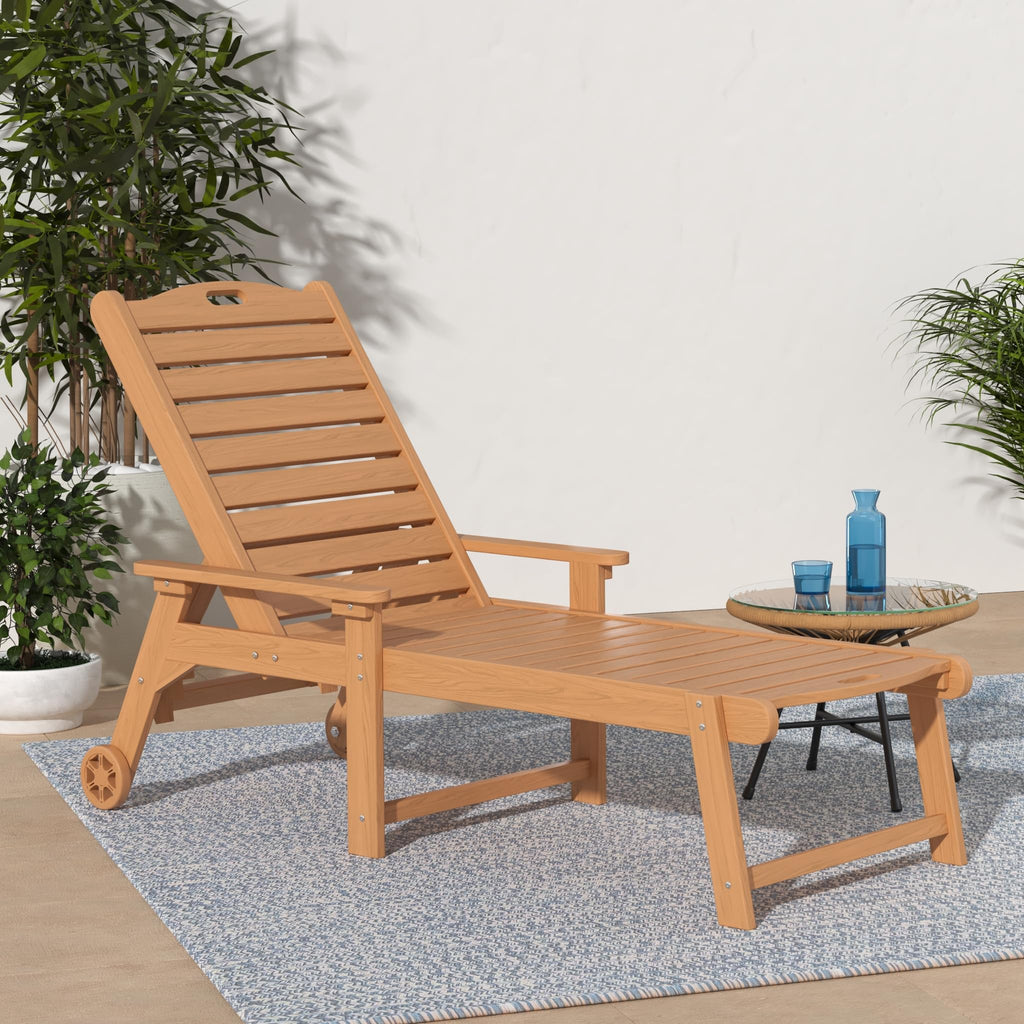Lue Bona Outdoor Chaise Lounge Chairs Set Of 4, Hdps Material, 3-Year Warranty, Patio Lounge Chair With Adjustable Backrest, Resin Pool Lounge Chairs With Wheels For Outside, Poolside, Teak Color