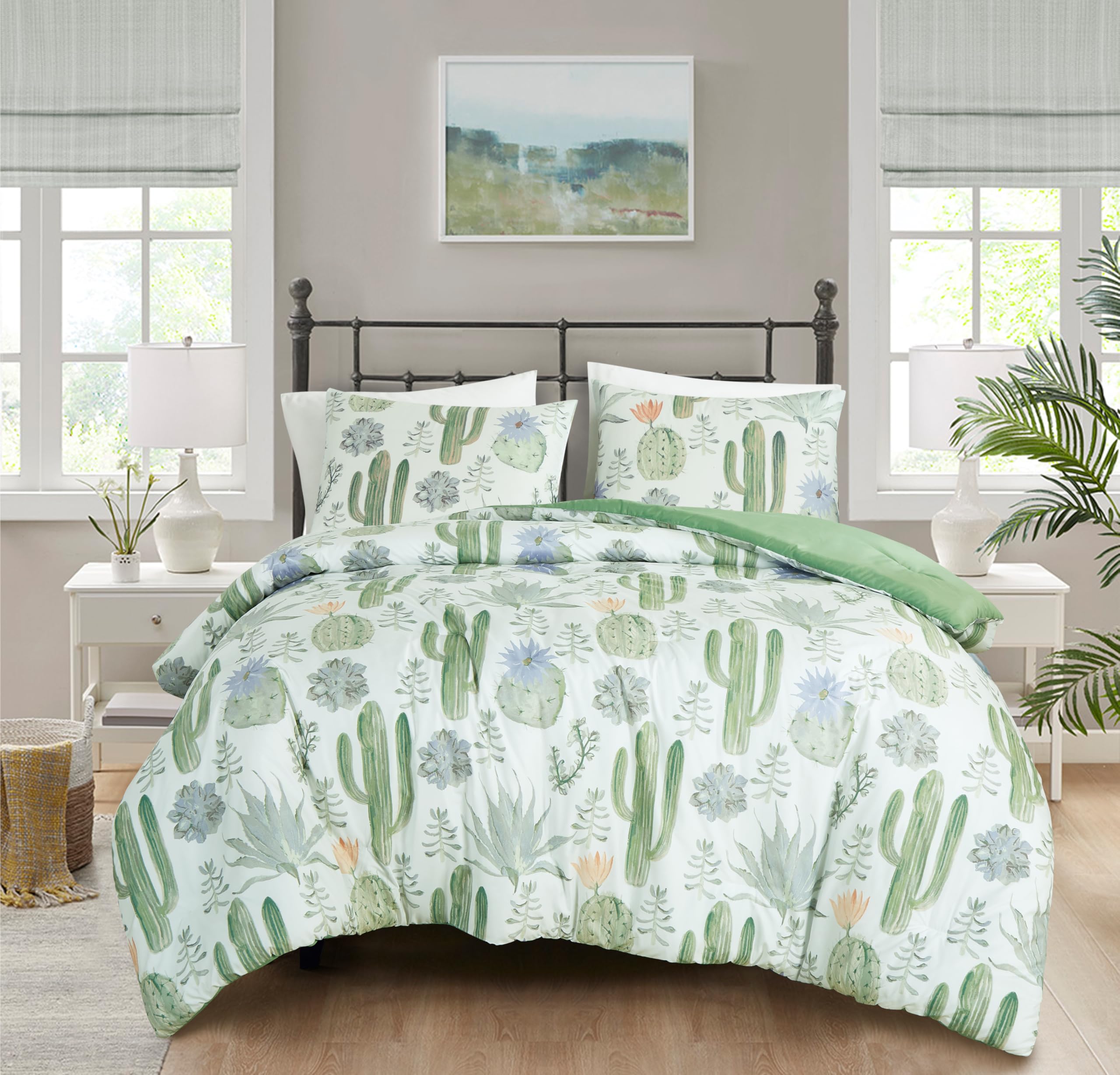 Chezmoi Collection Cereus 3-Piece Southwestern Serene Desert Comforter Set - Green Blue Cactus Succulent Plant Printed Washed Mi