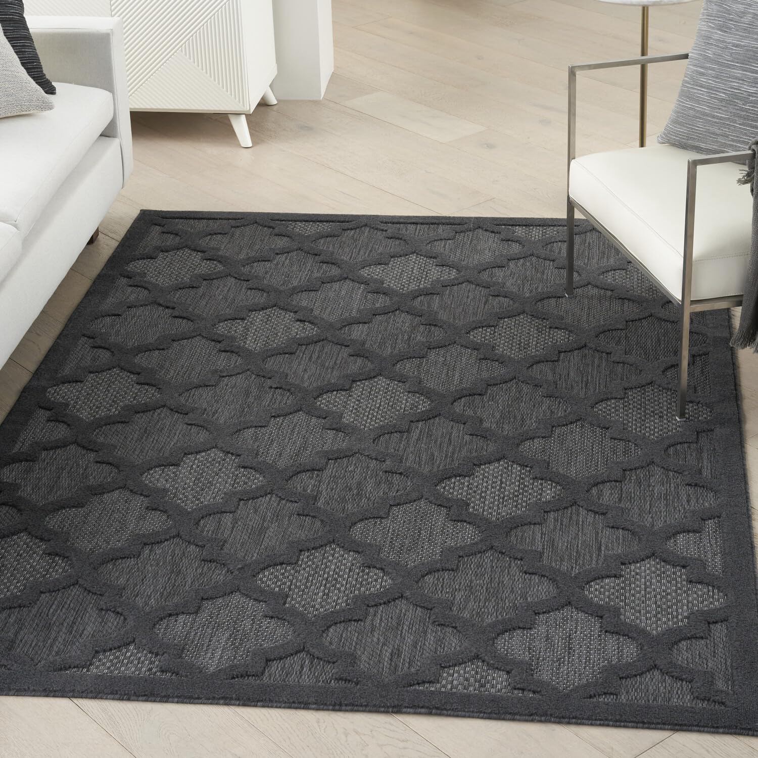 Nourison Easy Care Moroccan Charcoal/Black 5' X 7' Area Rug, Trellis, Easy Cleaning, Non Shedding, Bed Room, Living Room, Dining Room, Backyard, Deck, Patio (5X7)