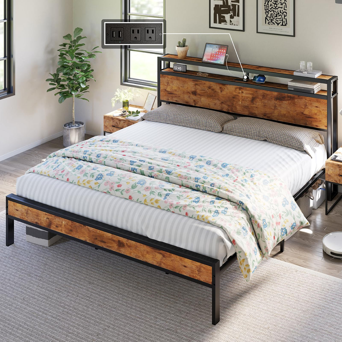AMERLIFE King Size Bed Frame Industrial Platform Bed with Charging Station, 2-Tier Storage Headboard/No Box Spring Needed/Noise-