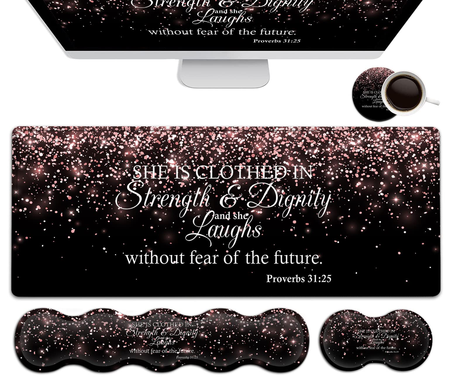 Large Mouse Pad,Ergonomic Mouse Wrist Support+Keyboard Wrist Rest Set+Extended Gaming Mouse Pad Proverbs 31:25 Bible Rose Gold O