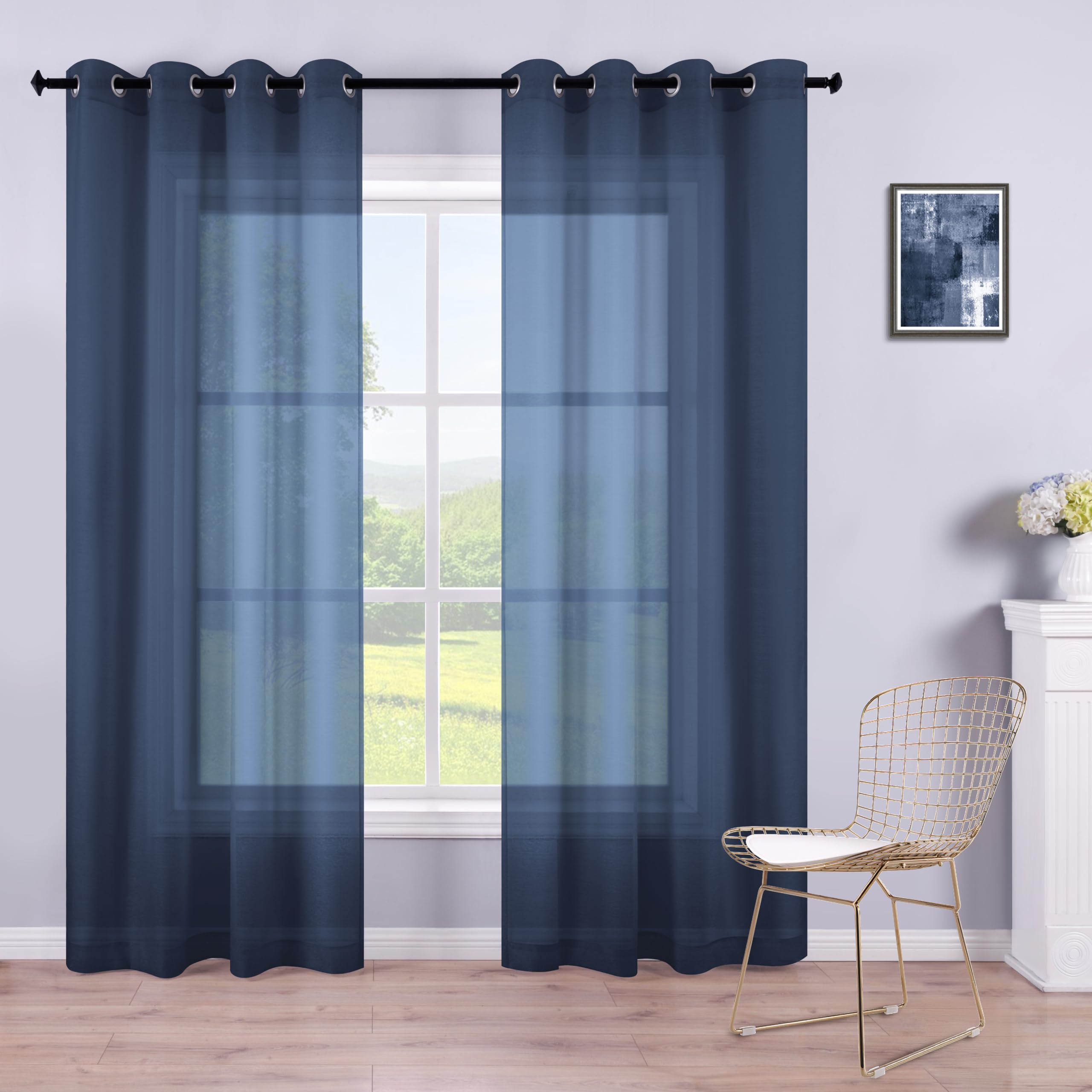 Koufall Sheer Curtains 90 Inches Long,Grommet 90 Inch Curtains Length 2 Panels Set,Navy Blue