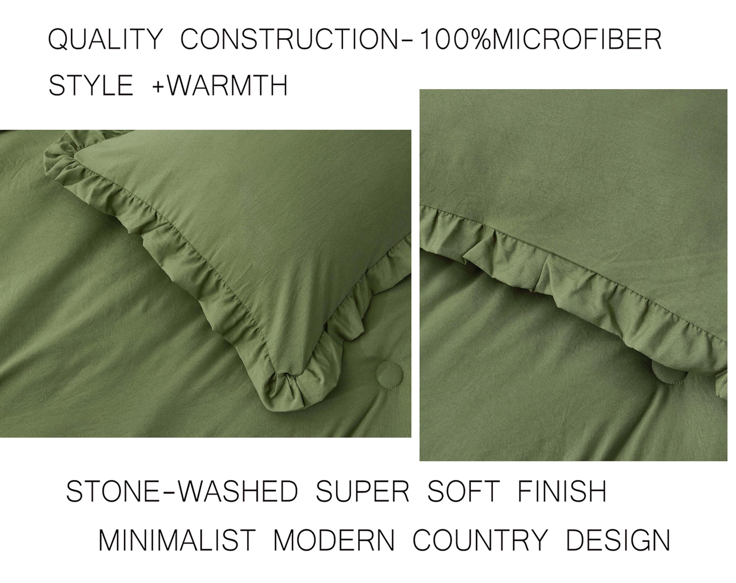 Chezmoi Collection Nora Olive Green Comforter Set Oversized Queen Size 3-Piece Fluffy Soft Lightweight Bedding Ruffled Edge Trim