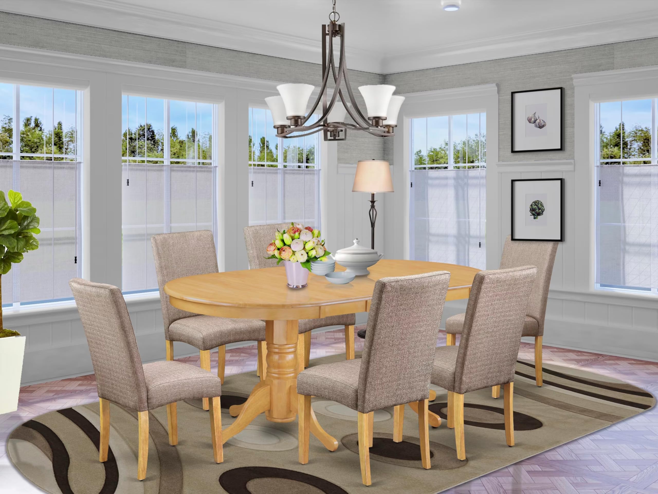 East West Furniture Vadr7-Oak-16 7 Piece Modern Dining Table Set Consist Of An Oval Wooden Table With Butterfly Leaf And 6 Dark Khaki Linen Fabric Upholstered Chairs, 40X76 Inch, Oak
