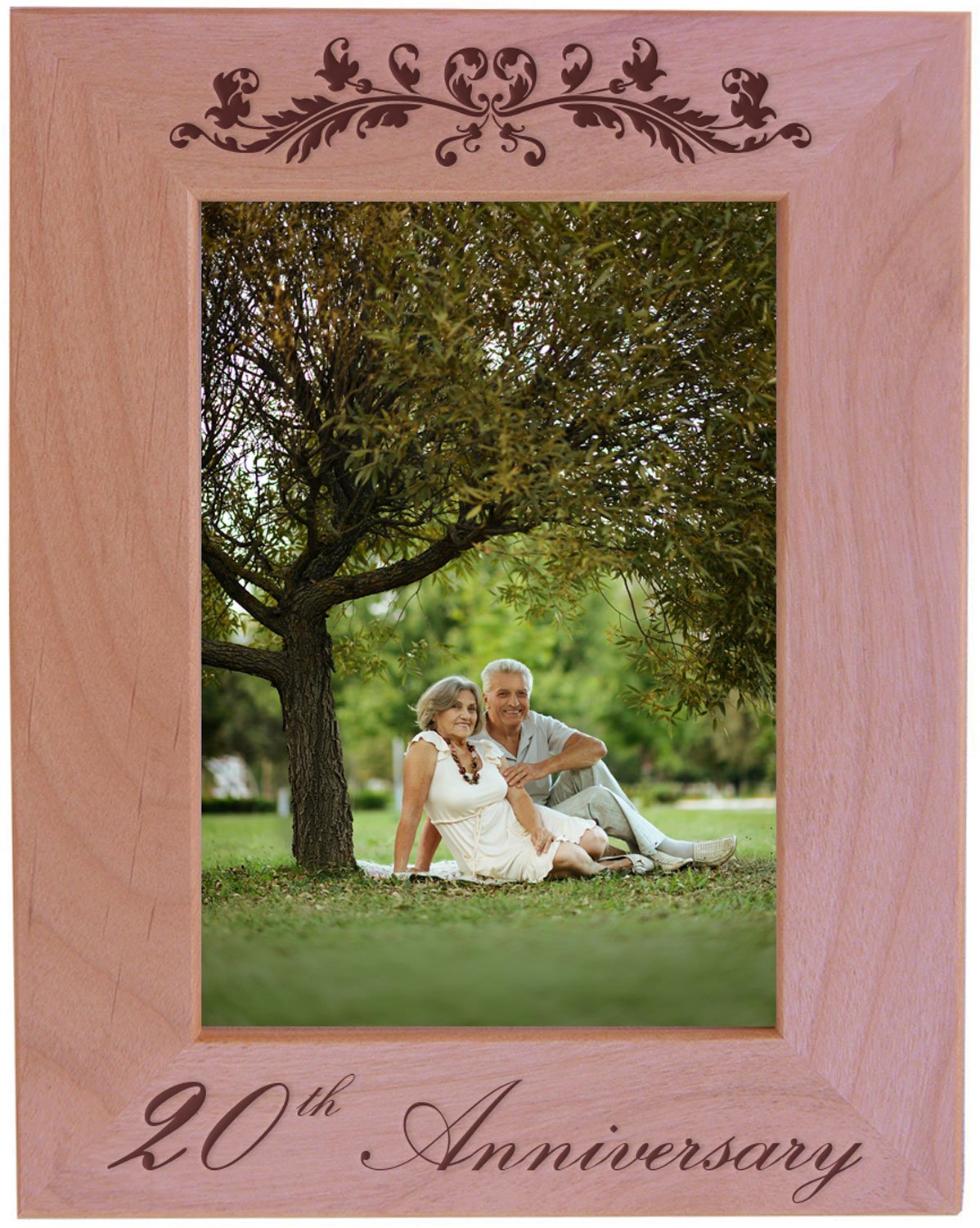 CustomGiftsNow 20th Anniversary - Engraved Natural Alder Wood Tabletop/Hanging Wooden Wedding Picture Frame (5x7-inch Vertical)