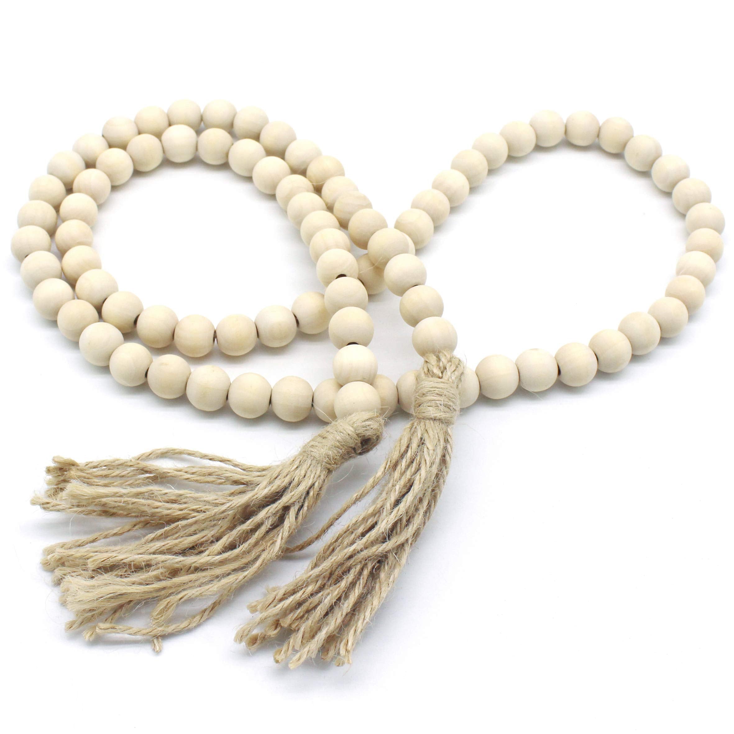 CVHOMEDECO. Wood Beads Garland with Tassels Farmhouse Rustic Wooden Prayer Bead String Wall Hanging Accent for Home Festival Dec