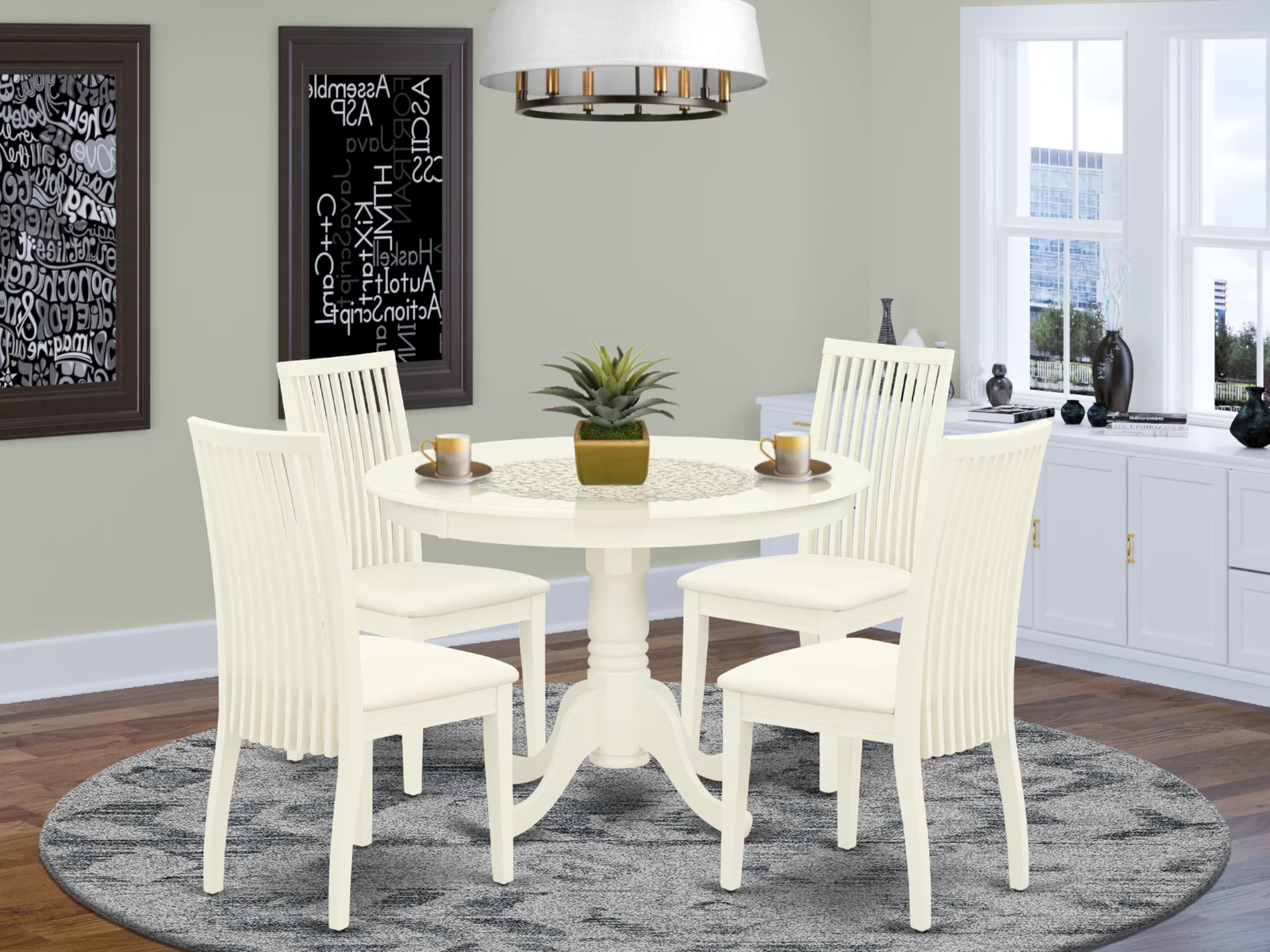 East West Furniture Hlip5-Lwh-C 5 Piece Dining Set Includes A Round Dining Room Table With Pedestal And 4 Linen Fabric Upholstered Chairs, 42X42 Inch, Linen White