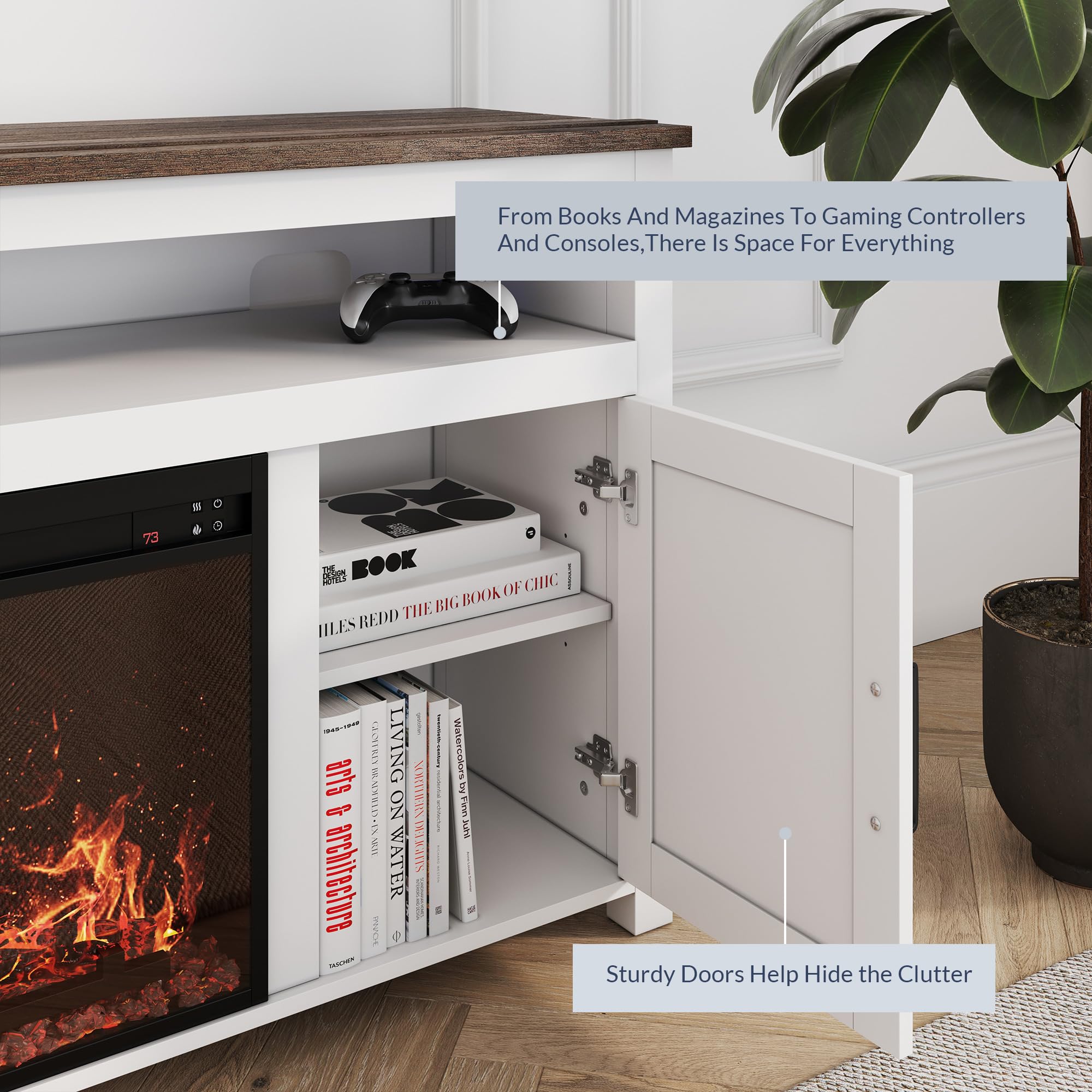 Belleze 58' Farmhouse Fireplace Tv Stand For Tvs Up To 65', 23' Electric Fireplace Heater With Sound, Entertainment Center Media Console Table Barn Door Storage Cabinets For Living Room - White