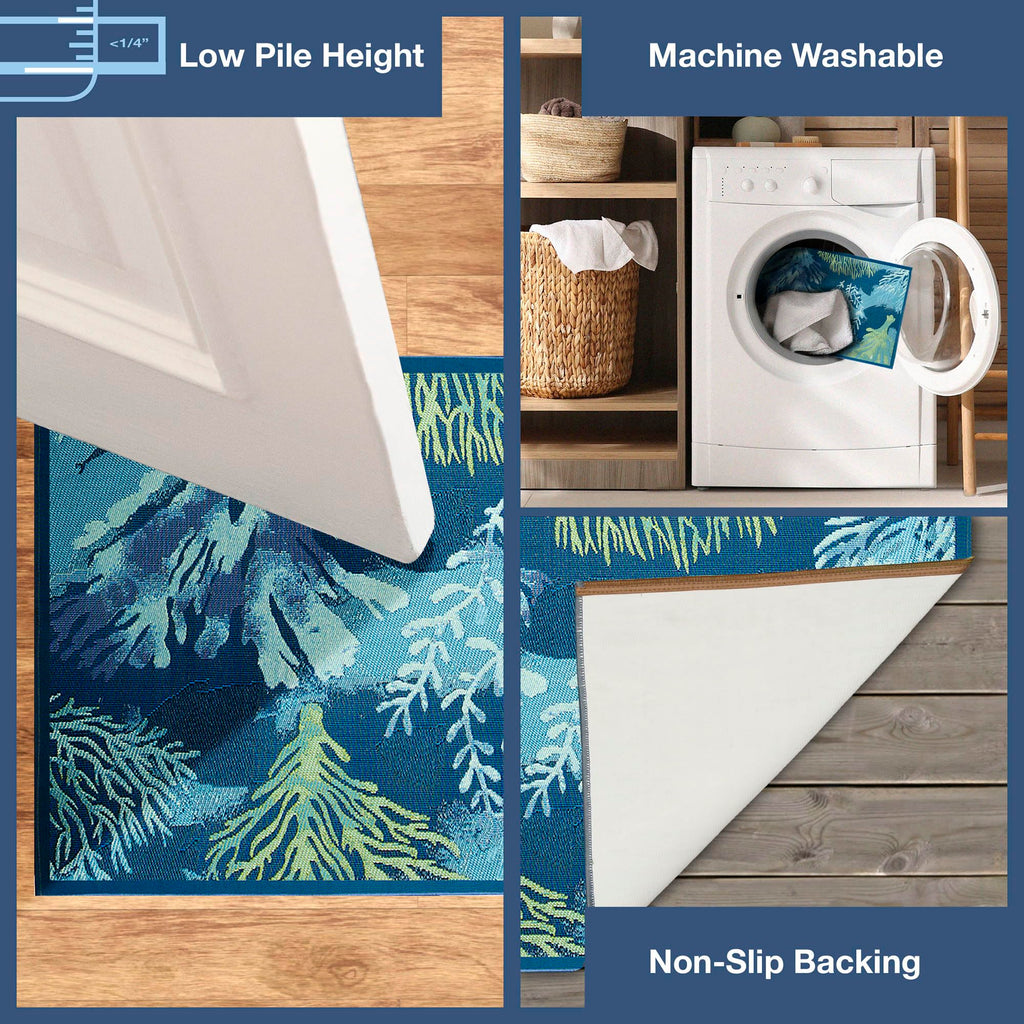 Liora Manne Esencia Machine Washable Non-Slip Low Profile Indoor/Outdoor Mat-Transitional, Abstract, Ocean, Contemporary, Coral Garden Lapis 2'5' X 3'11'
